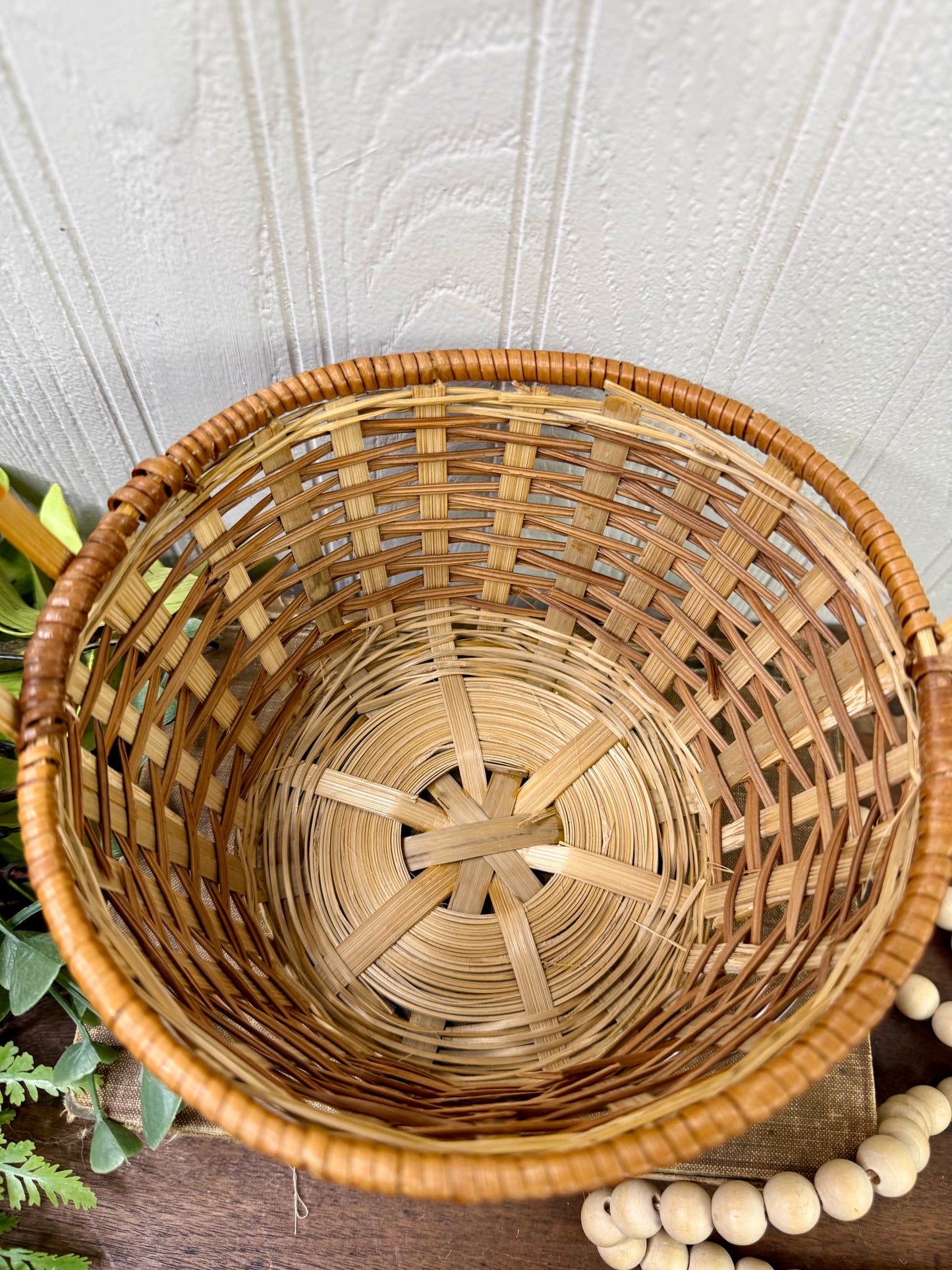 Vintage Two-Toned Wicker Basket with Handle