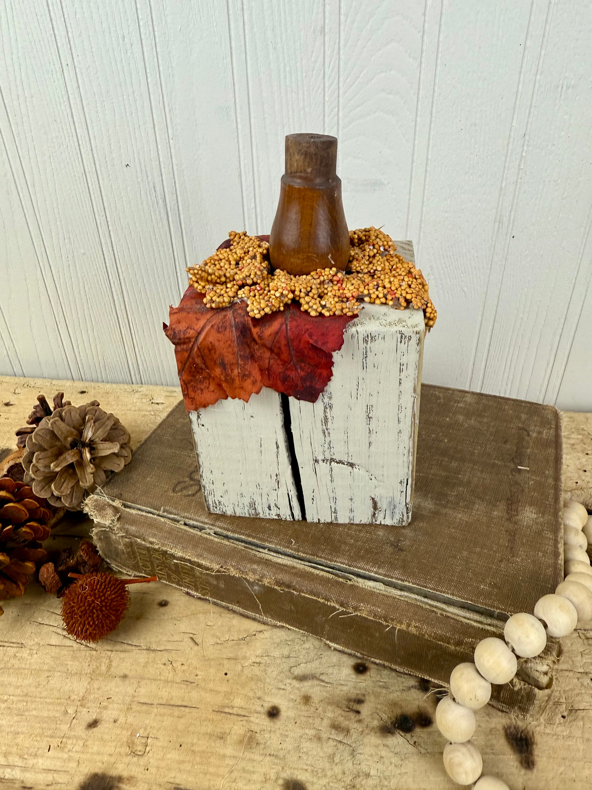 Handmade Block Beige Pumpkin with Spindle Stem