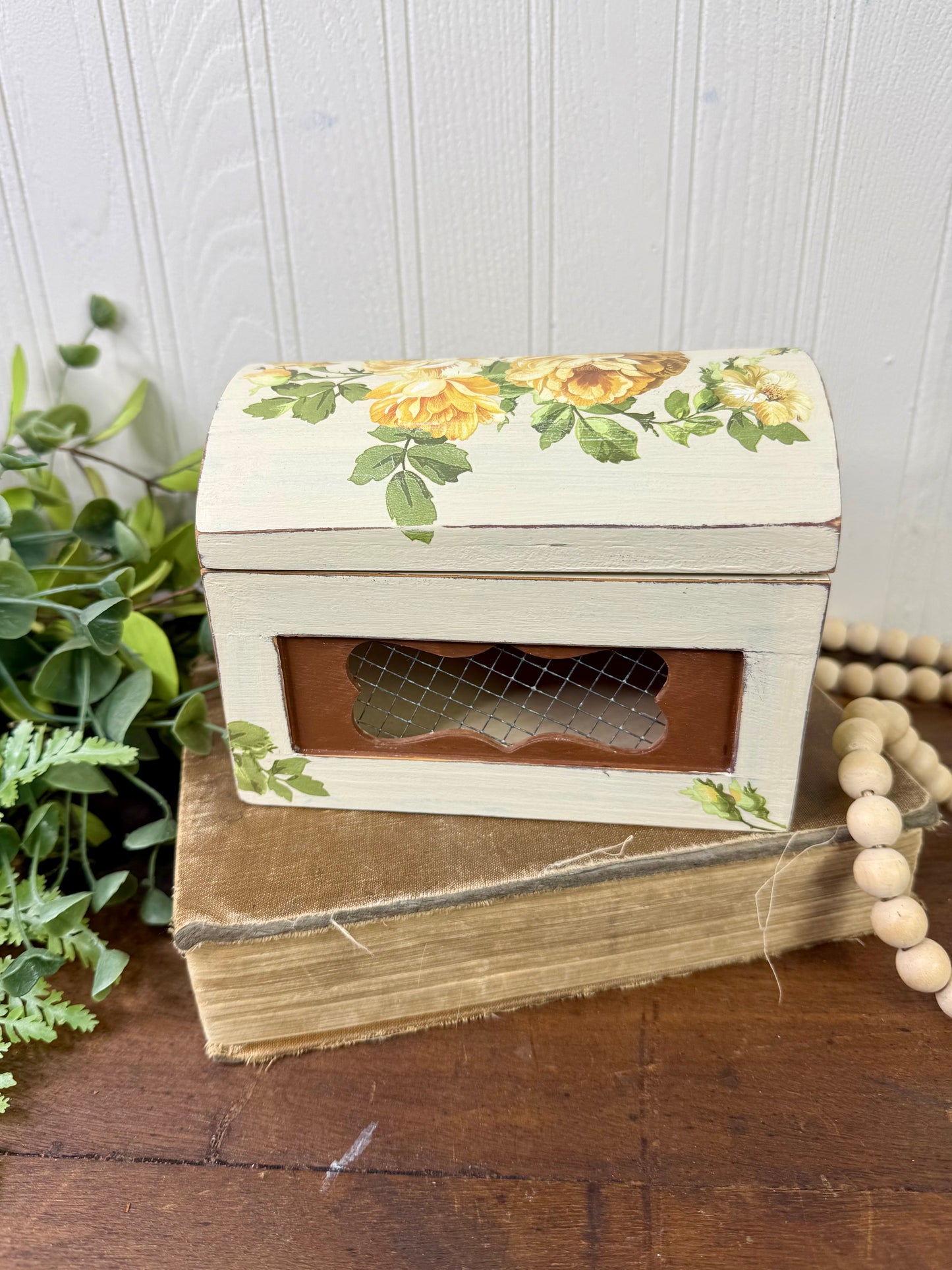 Upcycled Beige Rustic Trinket Box with Yellow Roses