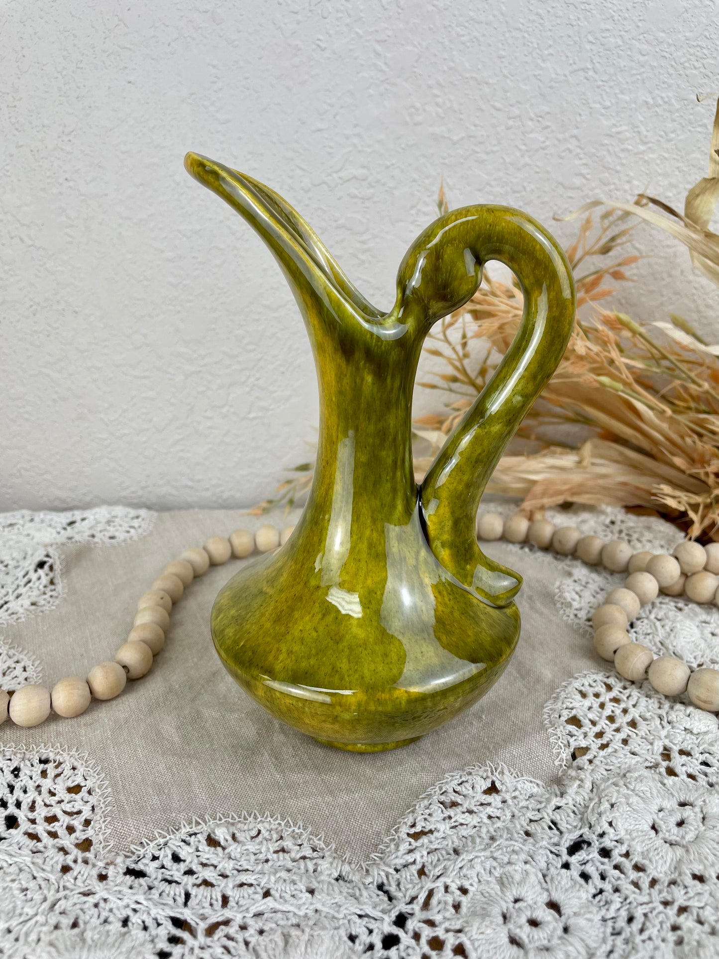 Vintage Handmade Green Pottery Pitcher