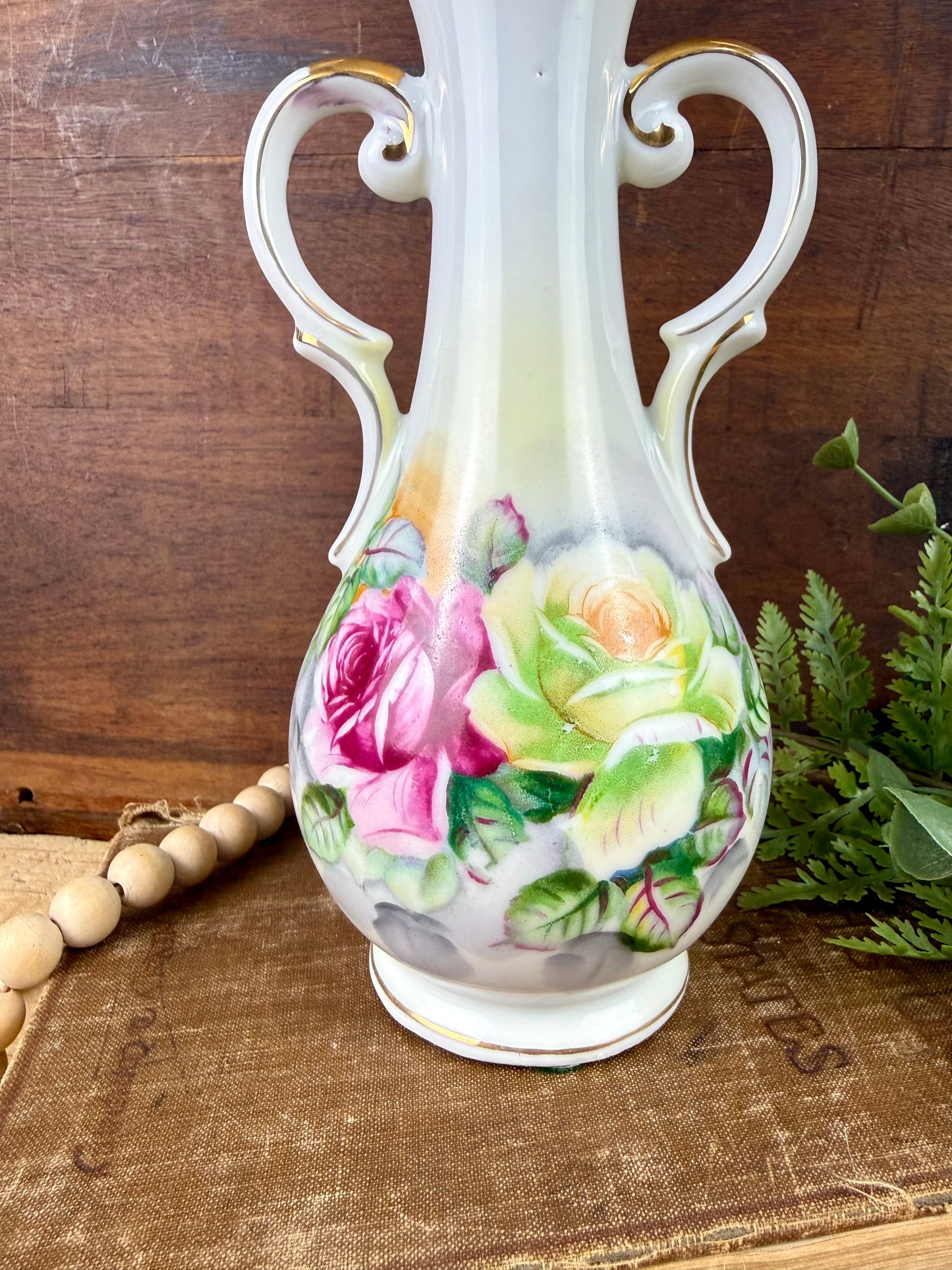 Vintage Porcelain Arnart Floral Double Handle Vase