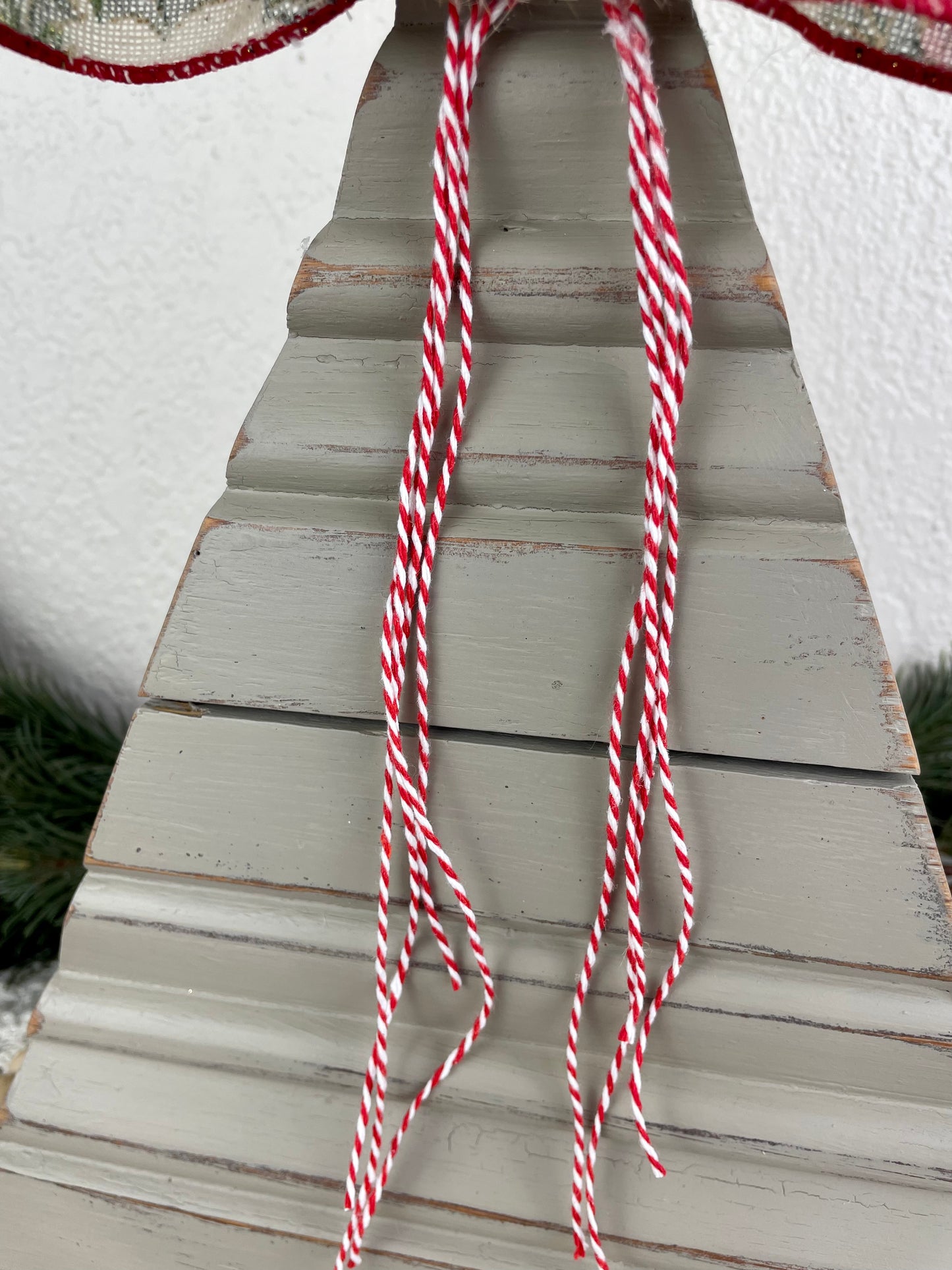 Upcycled Vintage Trim Beige Large Christmas Tree with Handmade Bow