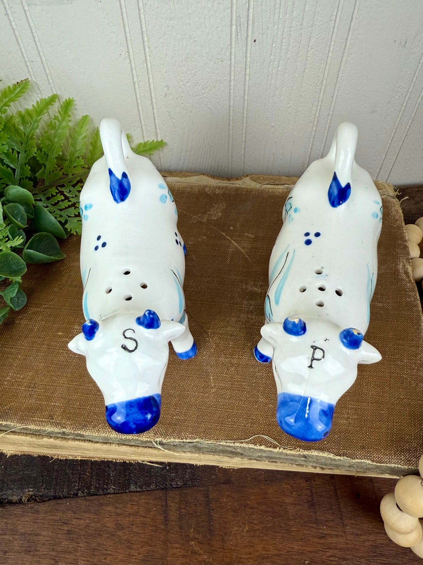Vintage Enesco Delft-Style Porcelain Cow Salt and Pepper Shakers