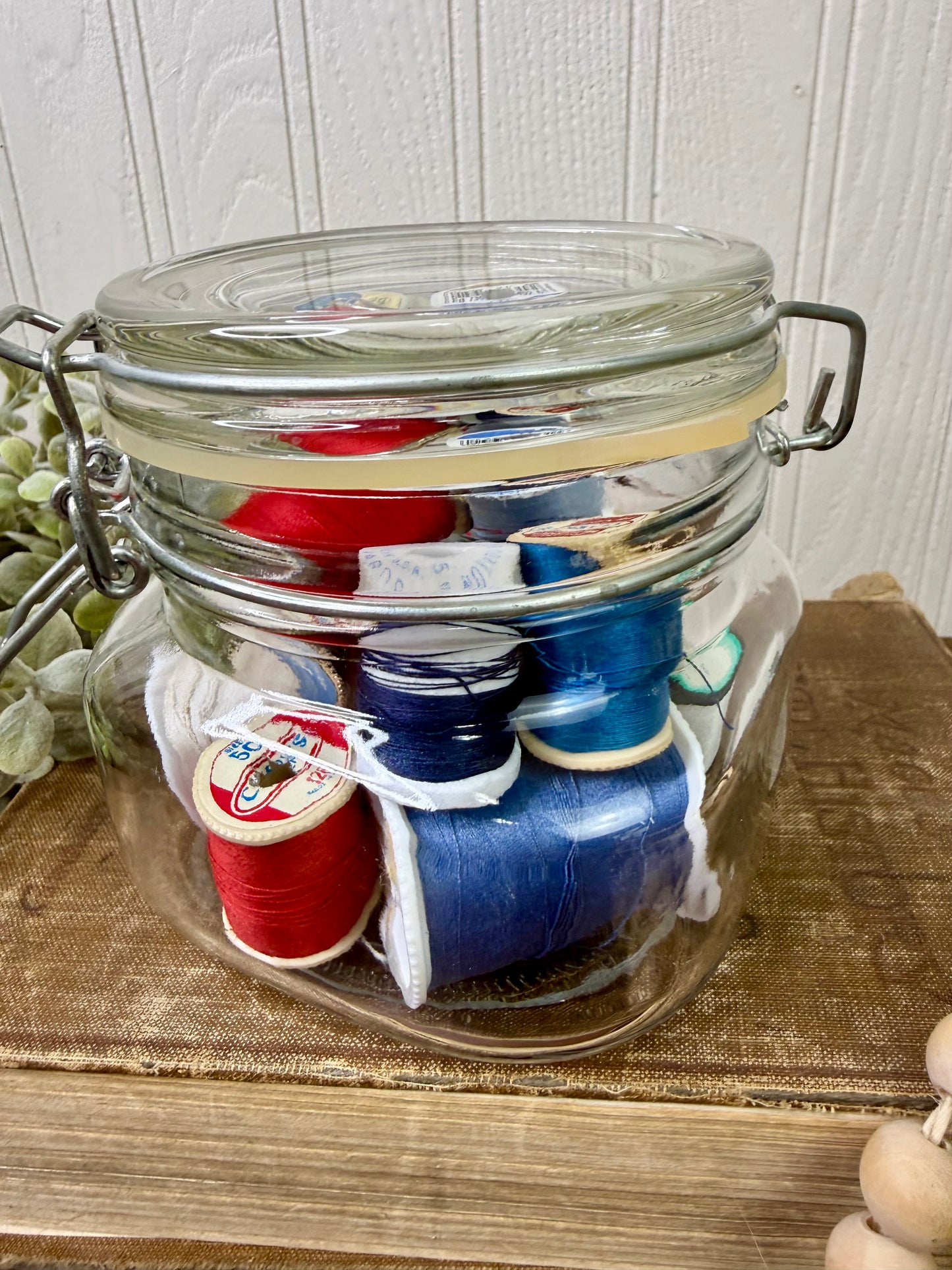 Vintage Glass Clasp Jar with Thread Spools