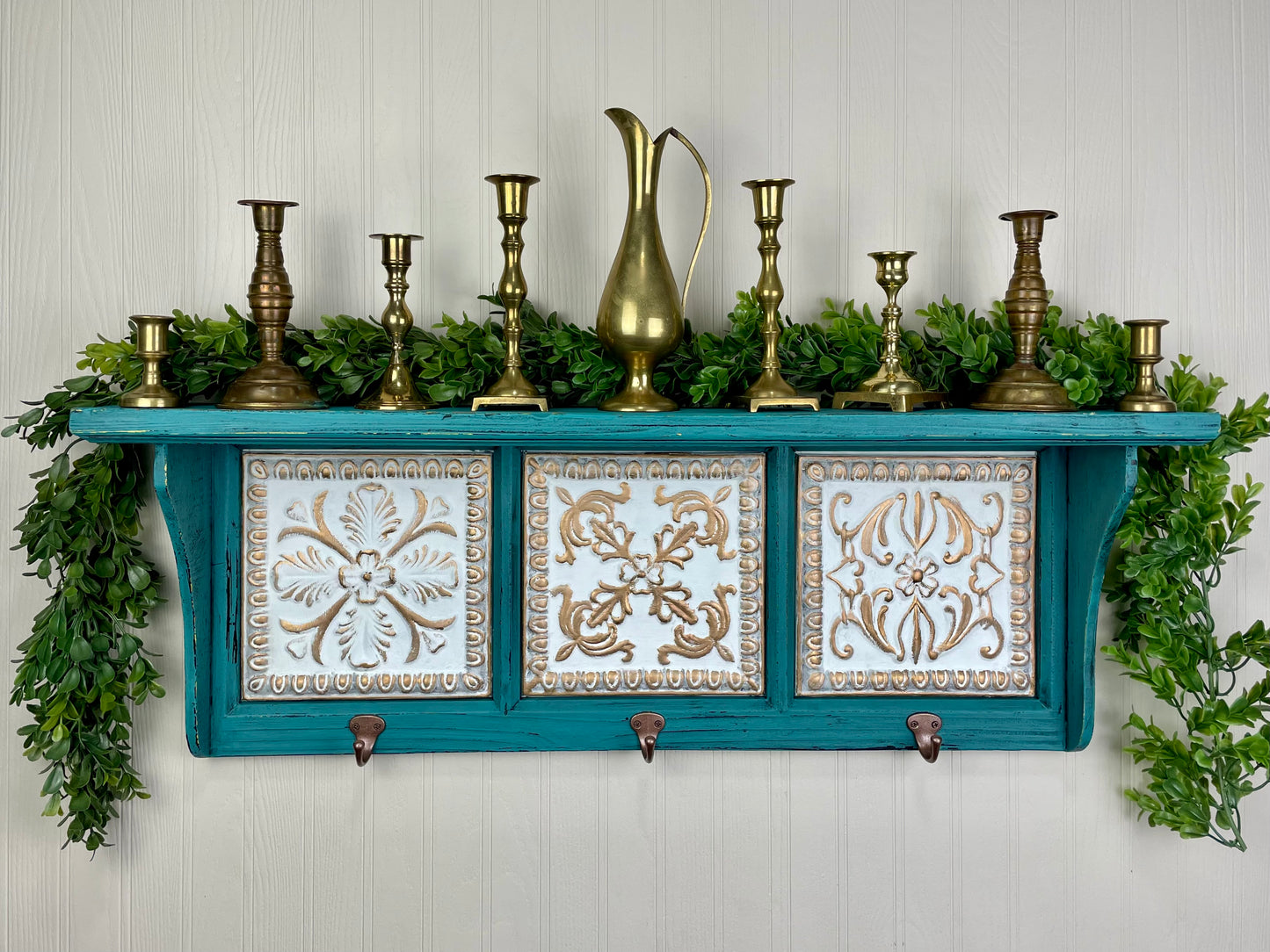 Upcycled Teal Painted Shelf with Hooks