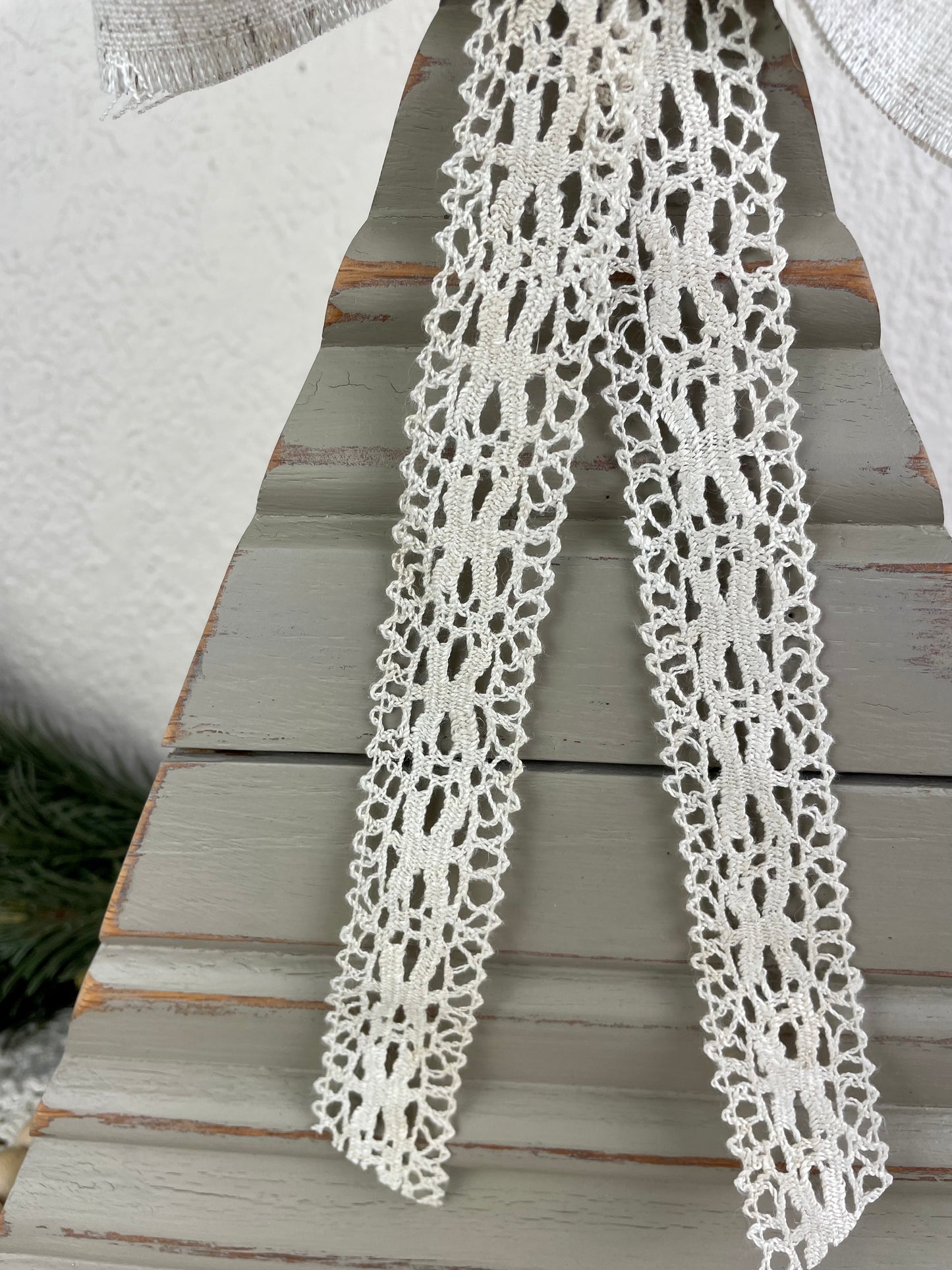 Upcycled Vintage Trim Beige Large Christmas Tree with Handmade Bow & Lace