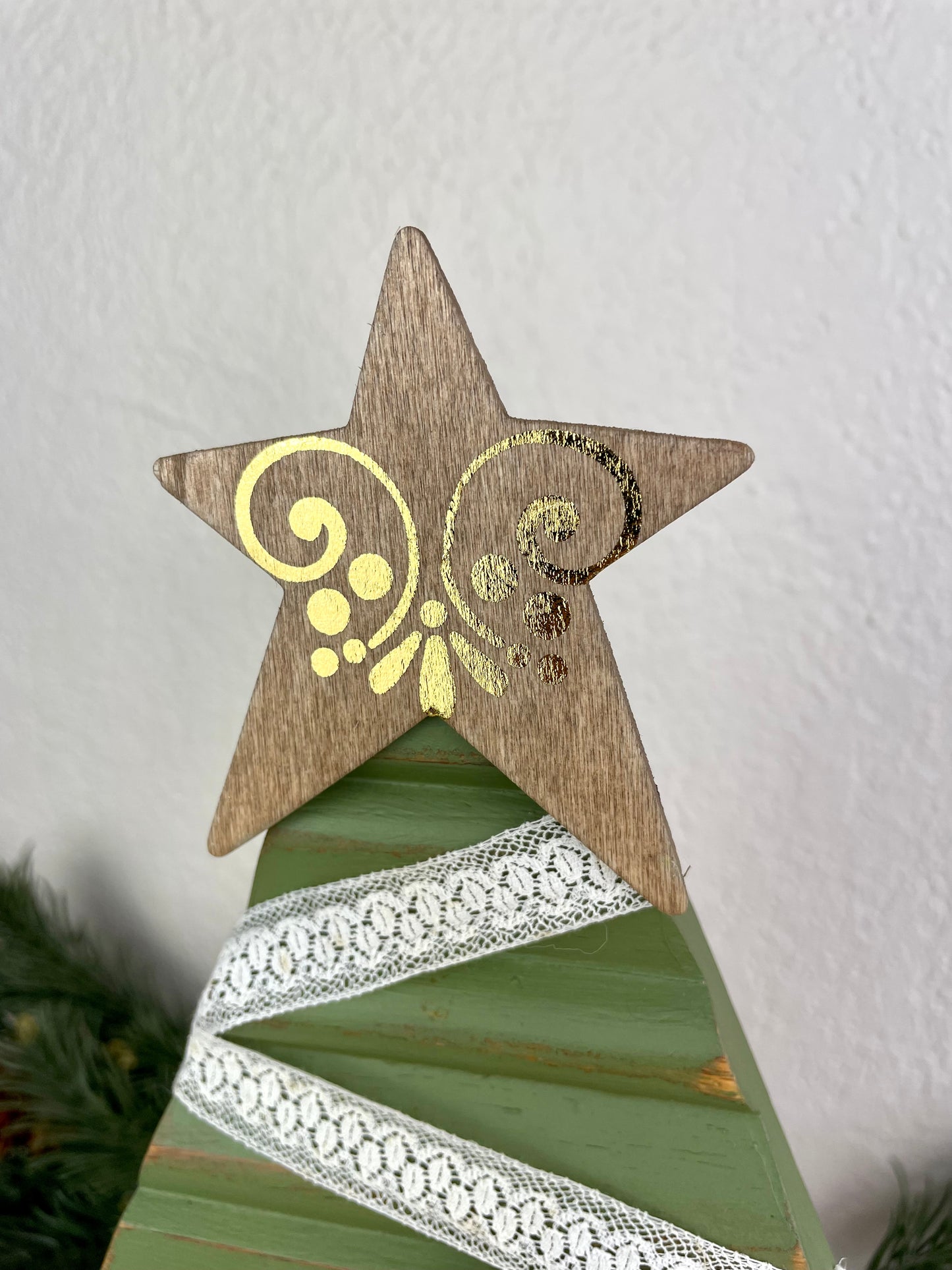 Upcycled Vintage Trim Olive Green Large Christmas Tree with Wood Star & Lace