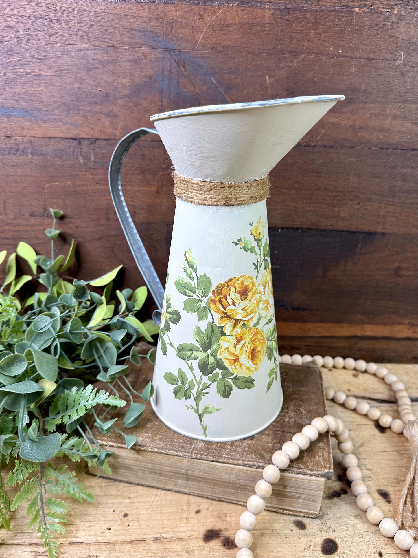 Upcycled Metal Pitcher with Yellow Roses