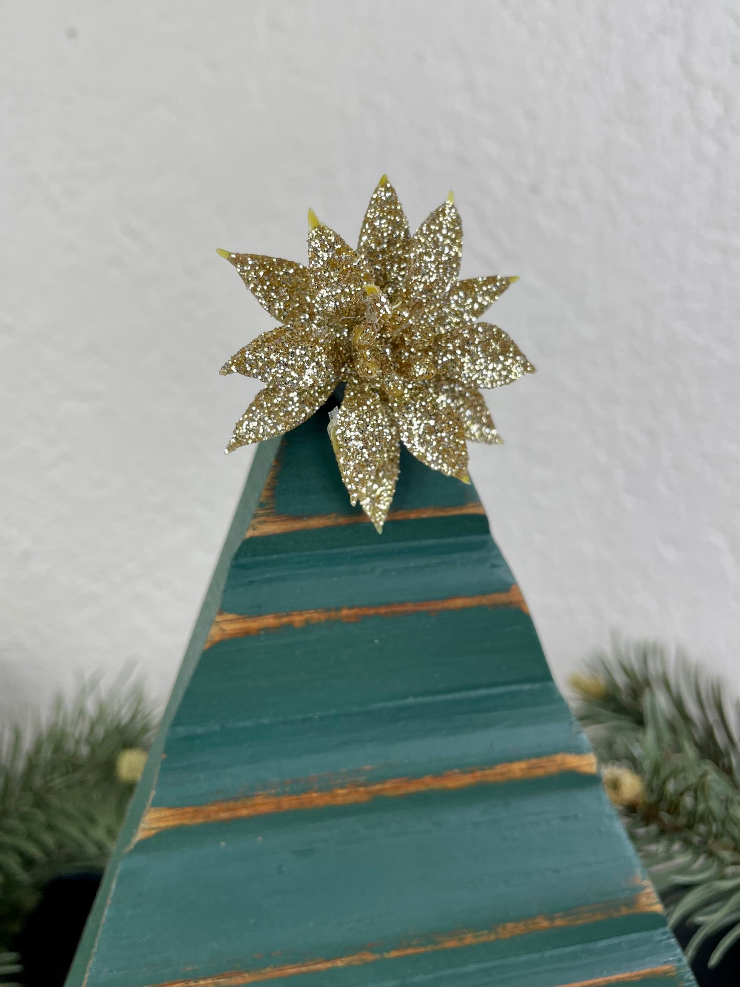 Upcycled Small Vintage Trim Forest Green Christmas Tree with Gold Poinsettia