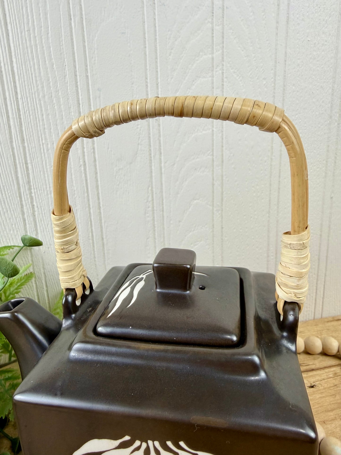 Brown Stoneware Teapot with Bamboo Design