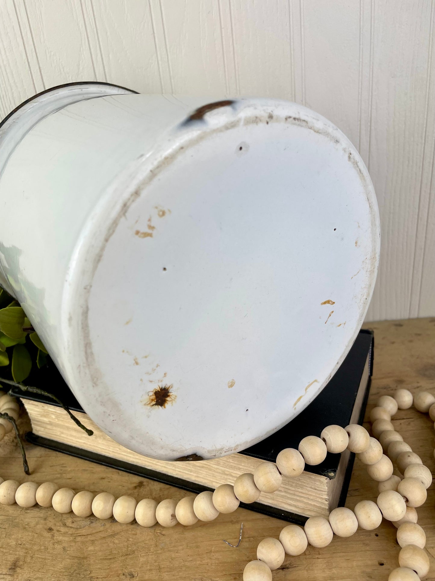 Vintage White Enamel Canister with Black Rim