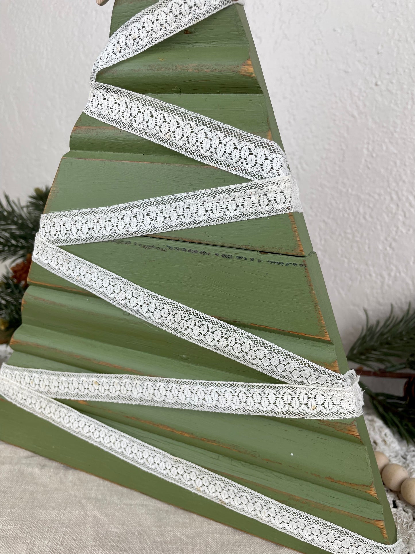 Upcycled Vintage Trim Olive Green Large Christmas Tree with Wood Star & Lace