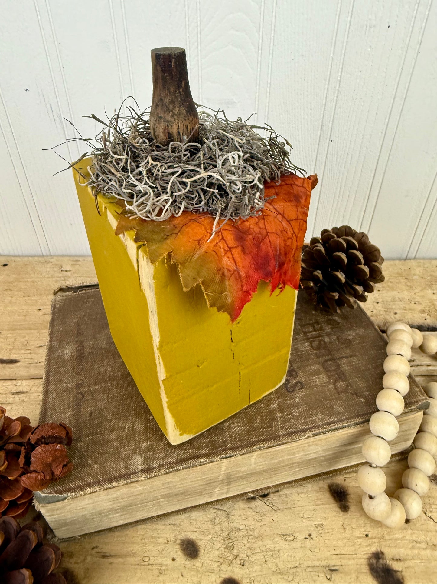 Handmade Reclaimed Wood Yellow Block Pumpkin