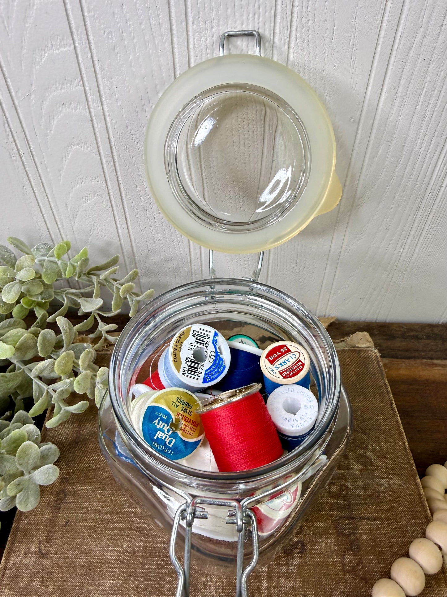 Vintage Glass Clasp Jar with Thread Spools