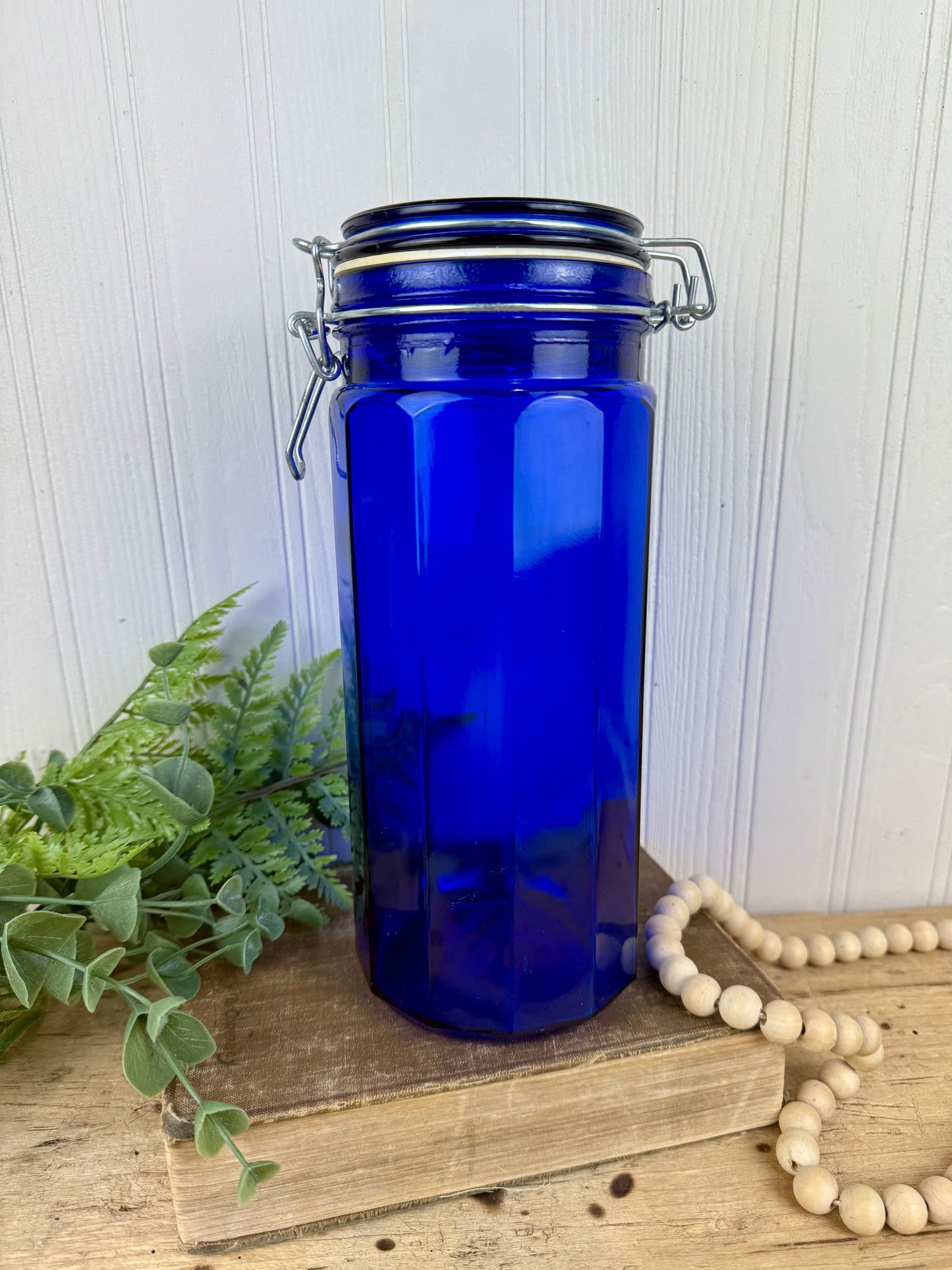 Vintage Cobalt Blue Glass Canister with Wire Clasp