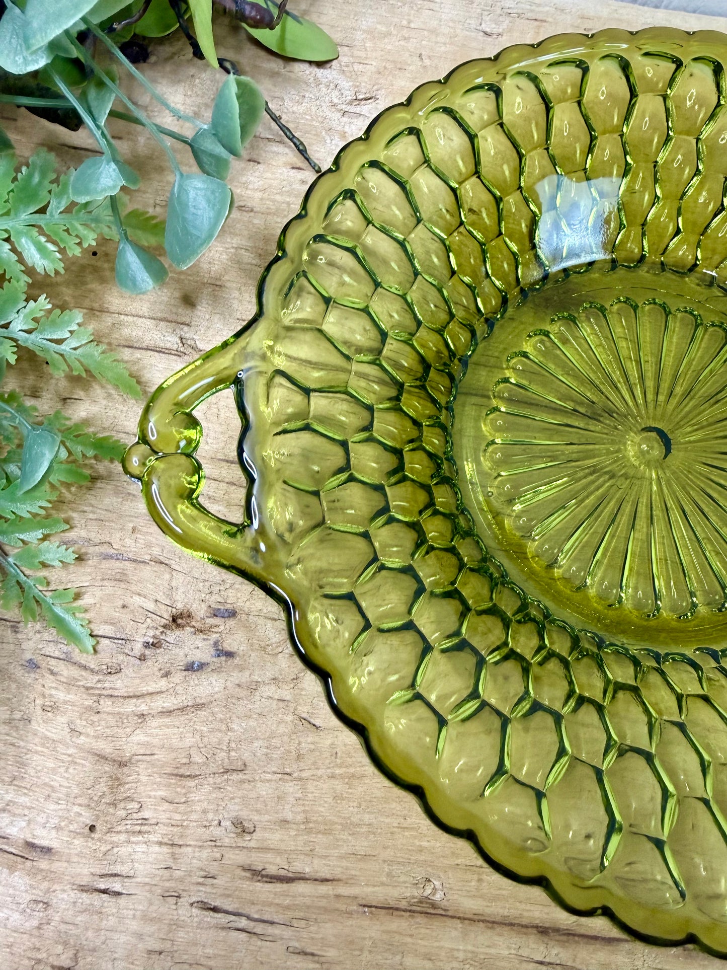 Vintage Indiana Glass Avocado Green Two-Handled Relish Dish