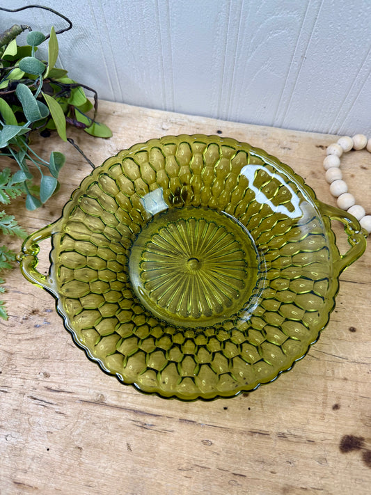 Vintage Indiana Glass Avocado Green Two-Handled Relish Dish