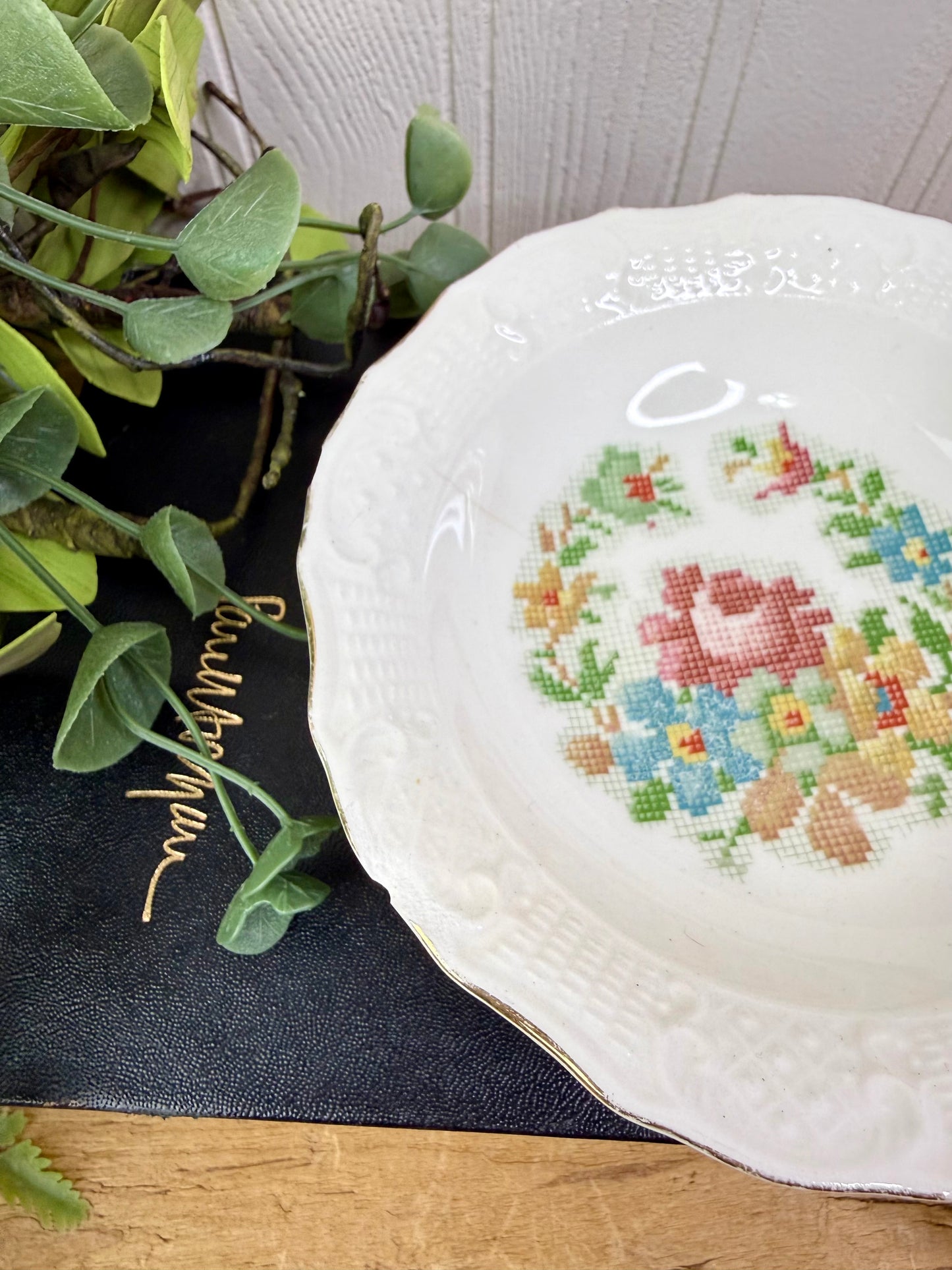 Vintage Canonsburg Pottery Cross-stitch Floral Dessert Bowl