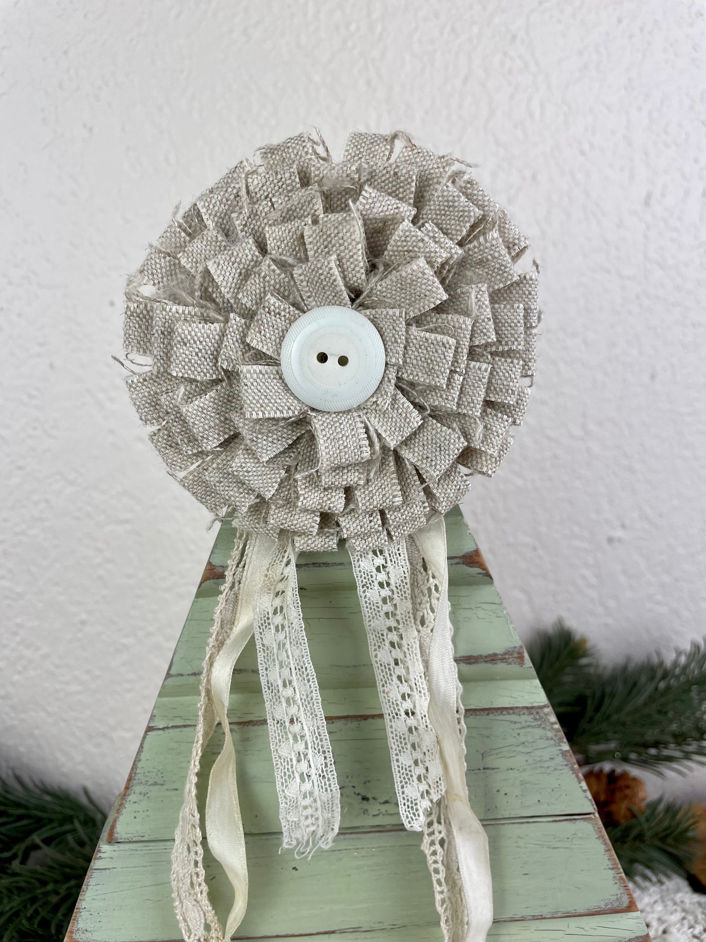 Upcycled Vintage Trim Sage Large Christmas Tree with Handmade Flower