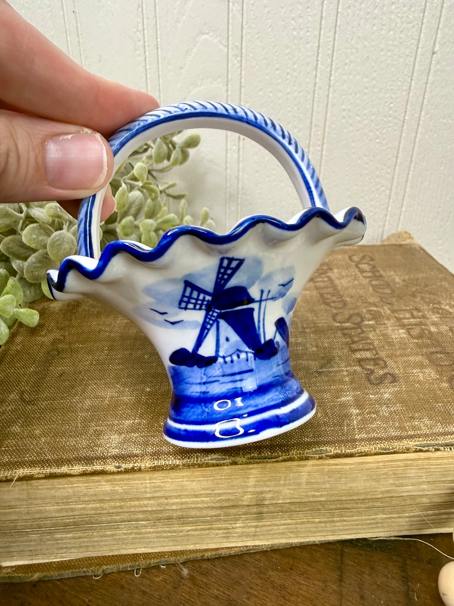 Vintage Delft Blue Hand Painted Porcelain Mini Basket