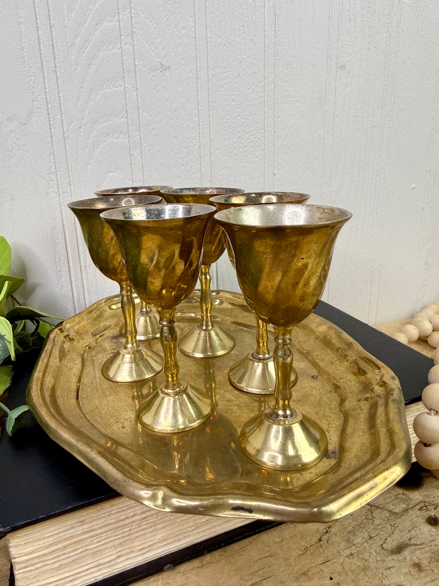 Vintage Mini Brass Barware Set with Goblets & Tray