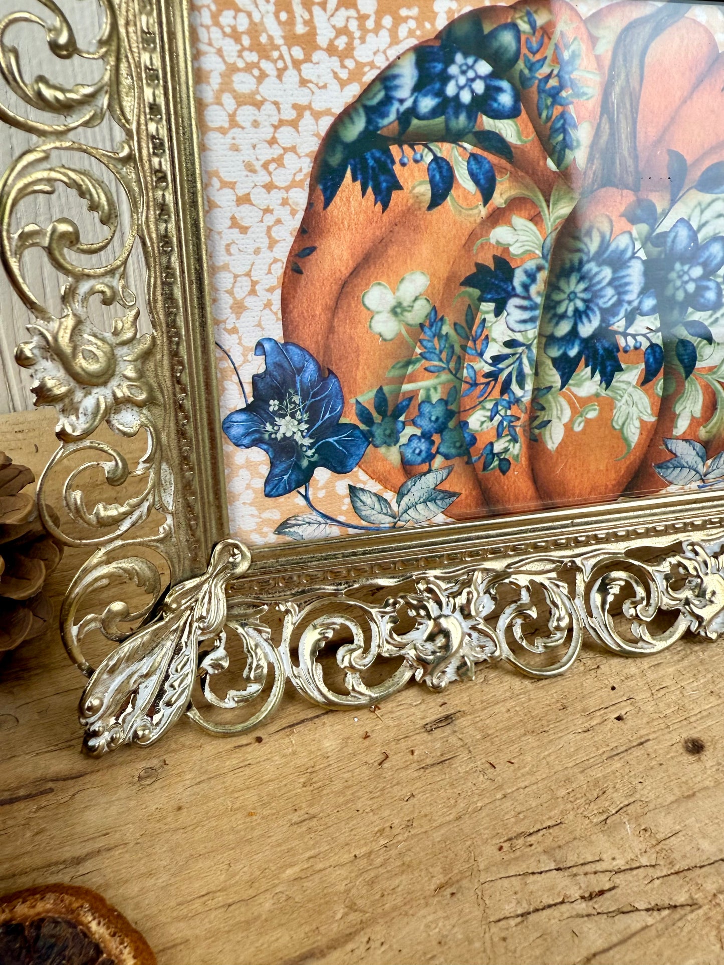 Vintage Brass Frame with Pumpkin Art