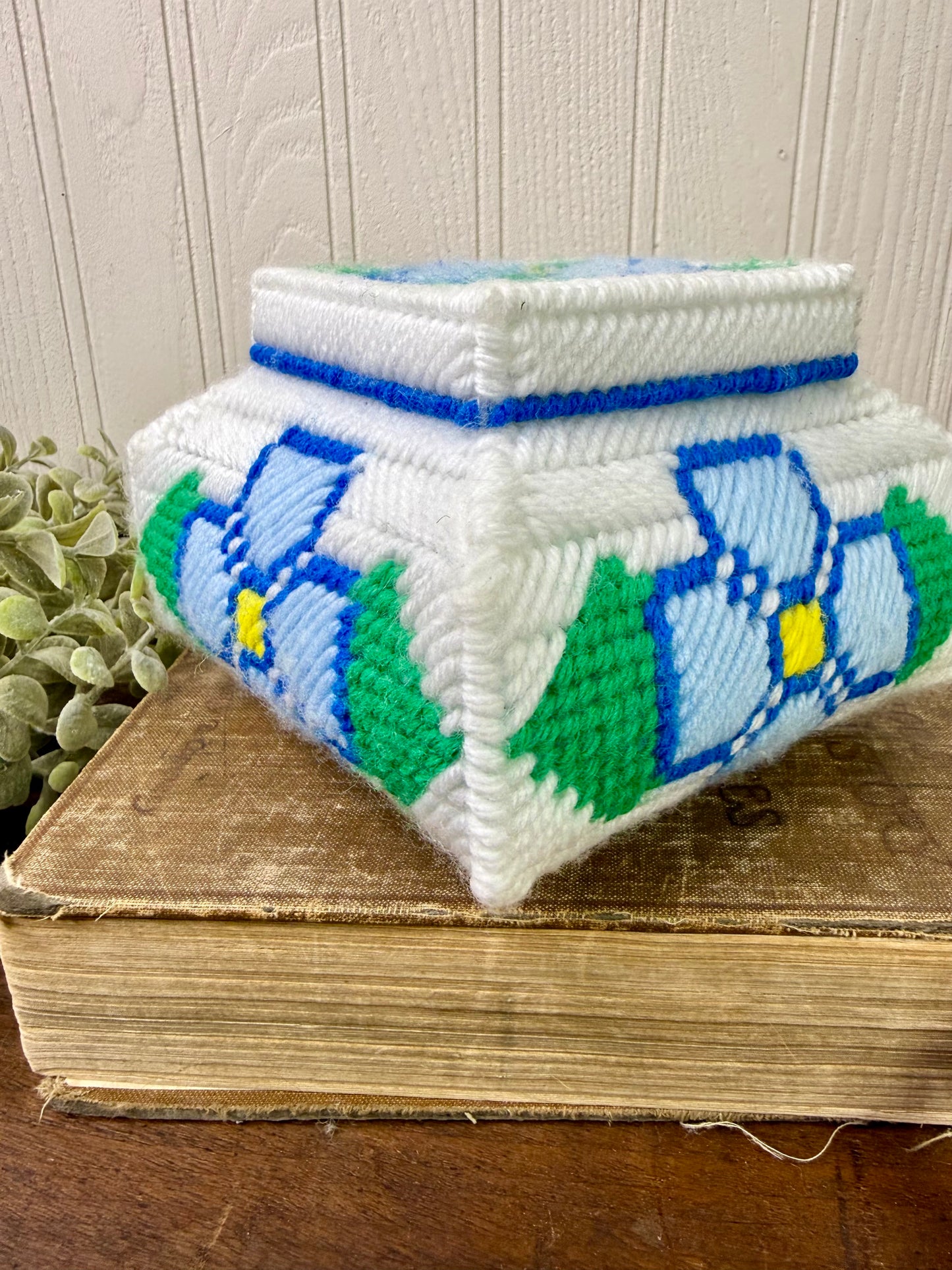 Vintage Plastic Canvas Storage Box with Blue Flowers
