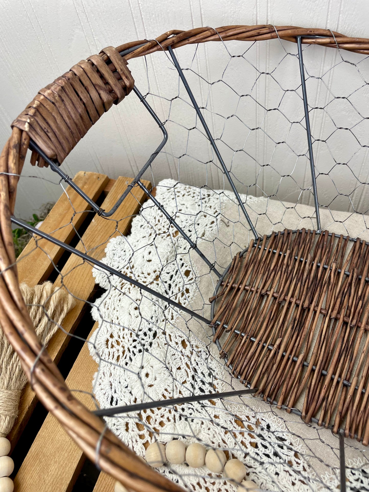 Vintage Chicken Wire & Wicker Storage Basket