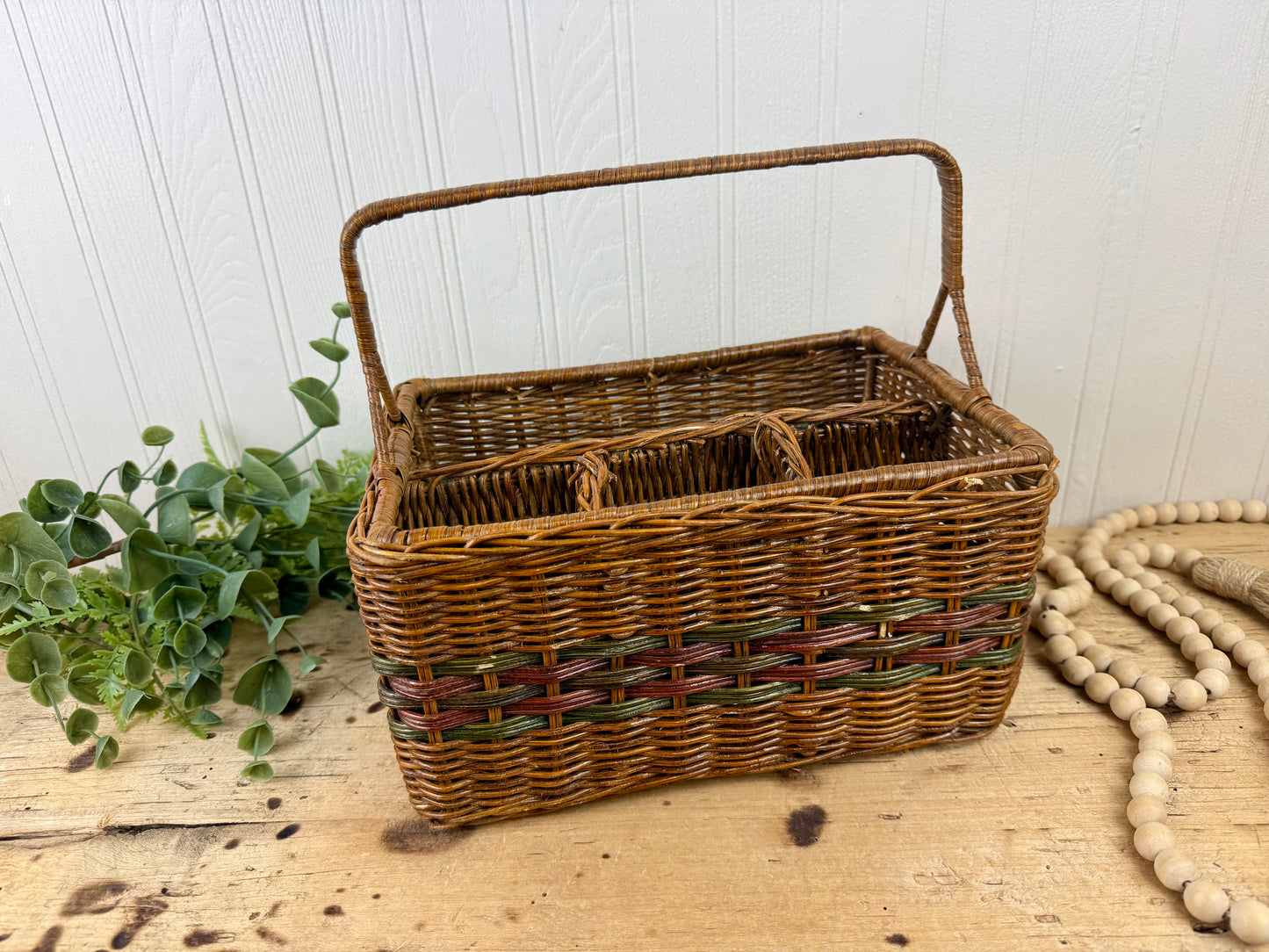 Vintage Divided Wicker Carrying Basket