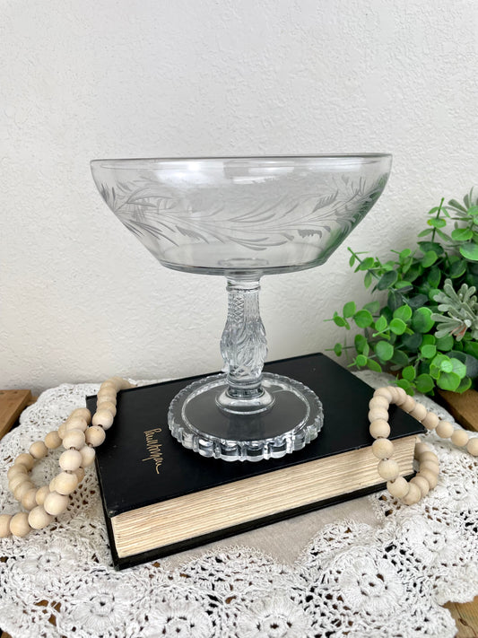 Vintage Pressed Glass Compote Dish with Etched Designs