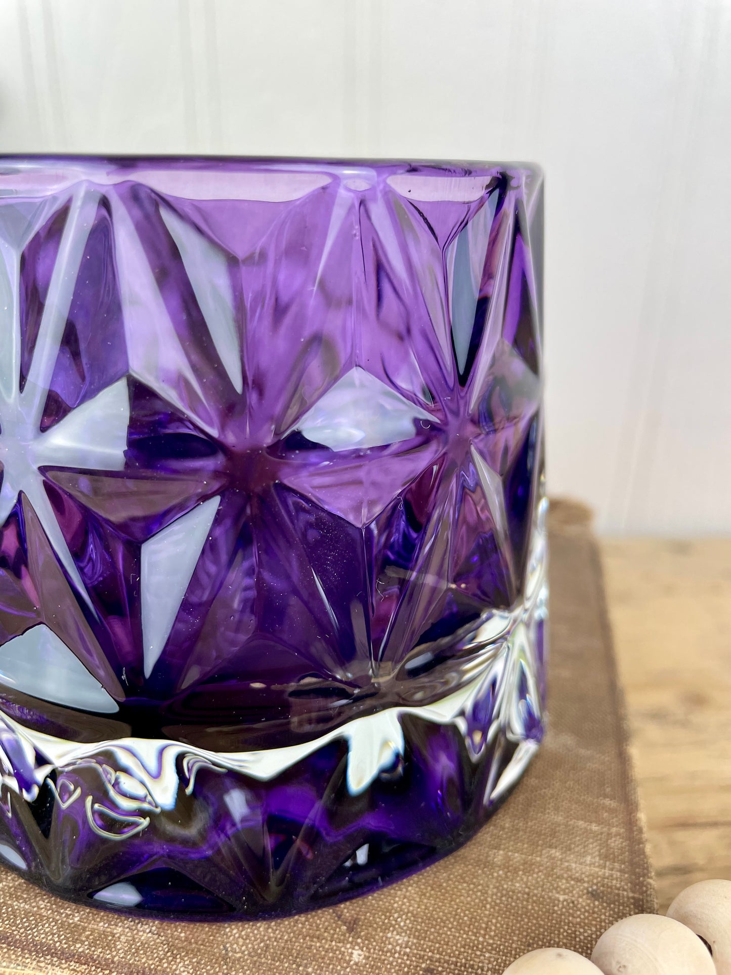 Purple Glass Candle Holder with Geometric Pattern