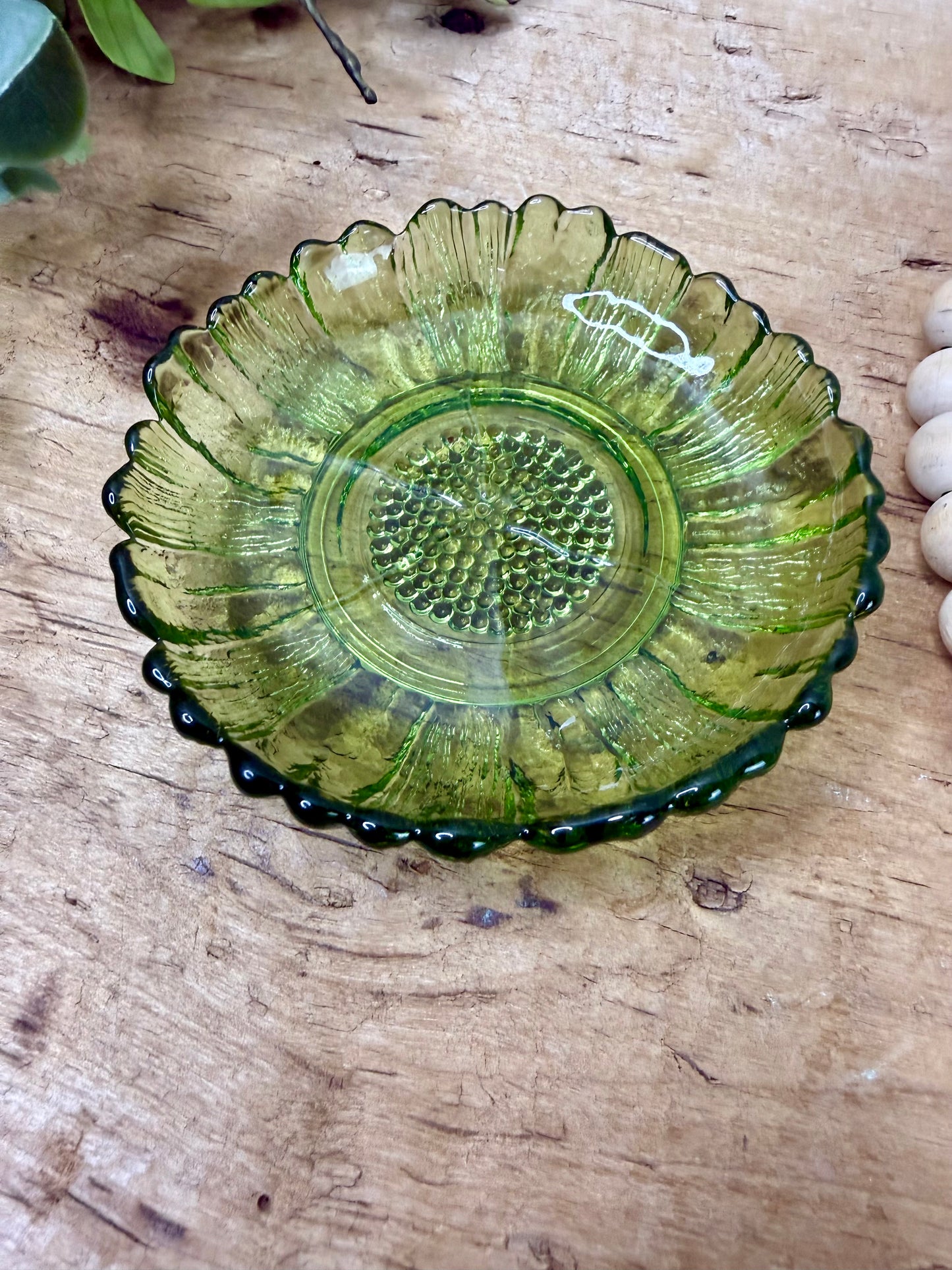 Vintage Indiana Glass Co. Avocado Green Sunflower Dip Bowl