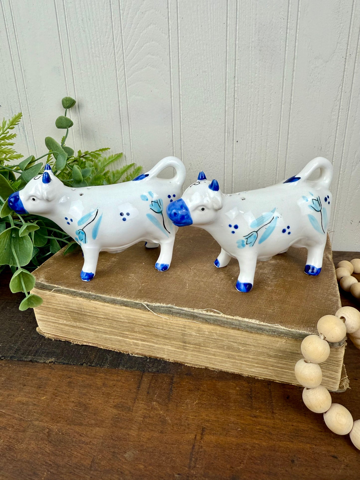Vintage Enesco Delft-Style Porcelain Cow Salt and Pepper Shakers