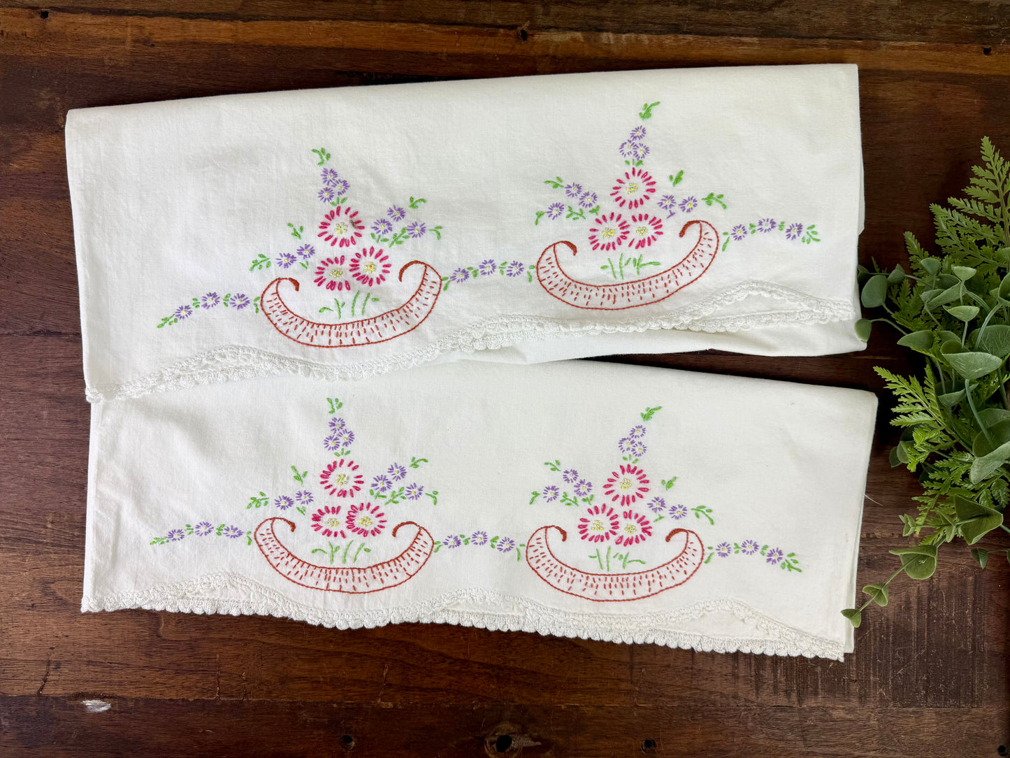 Vintage Hand Embroidered Pillowcase Set- Pink & Purple Florals