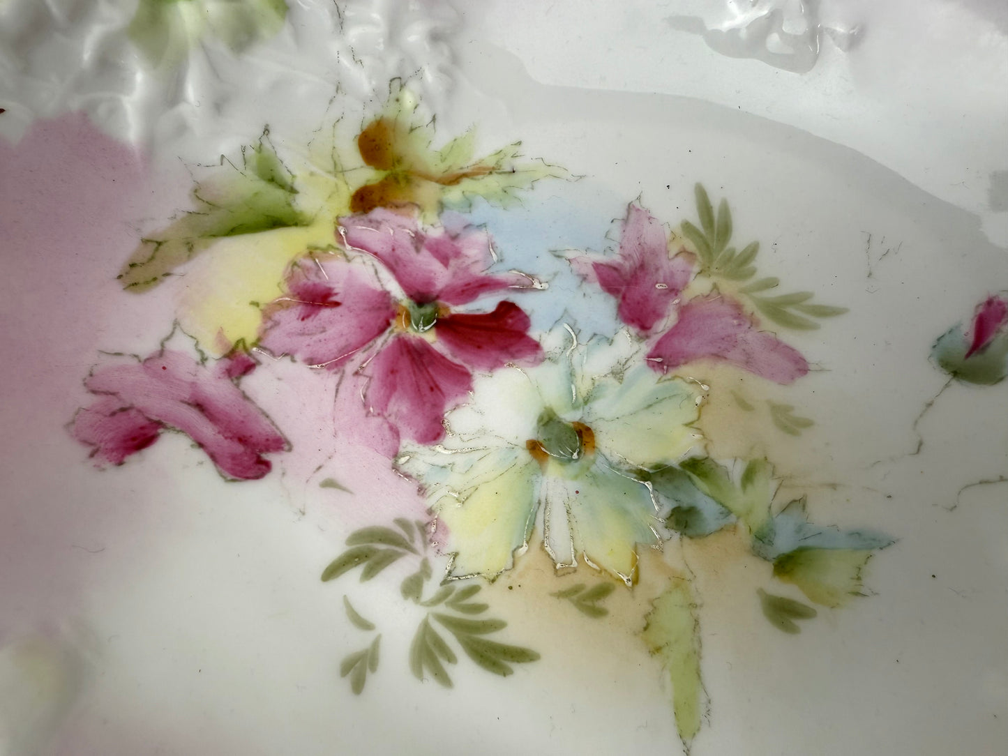 Antique Porcelain Serving Bowl with Hand Painted Florals
