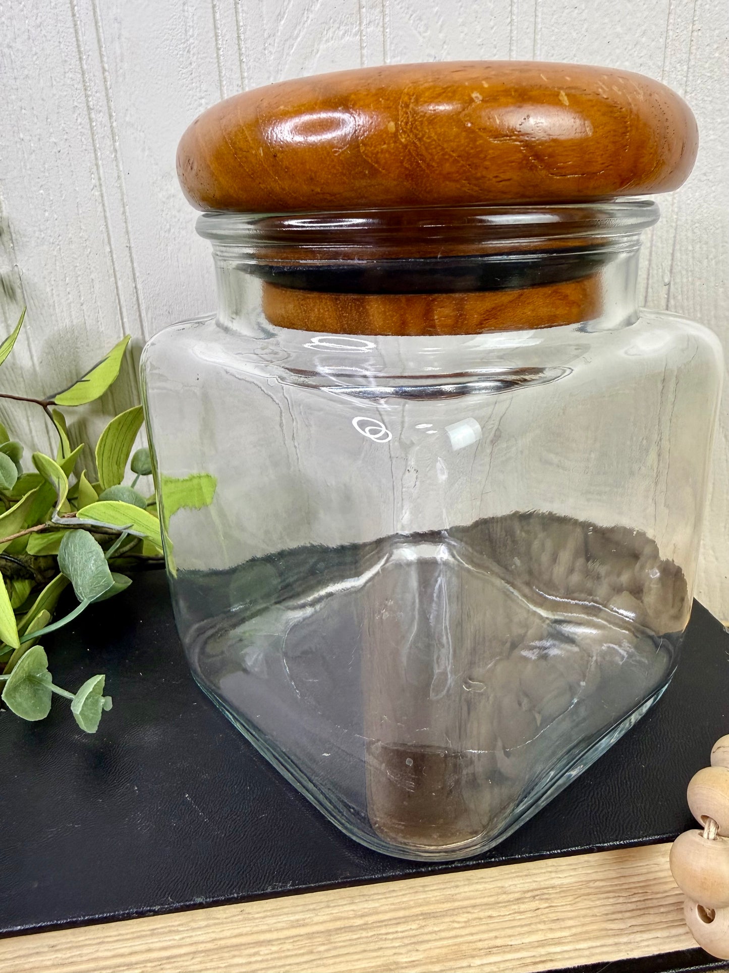 Vintage Dolphin Thailand Glass Canister with Teak Wood Lid