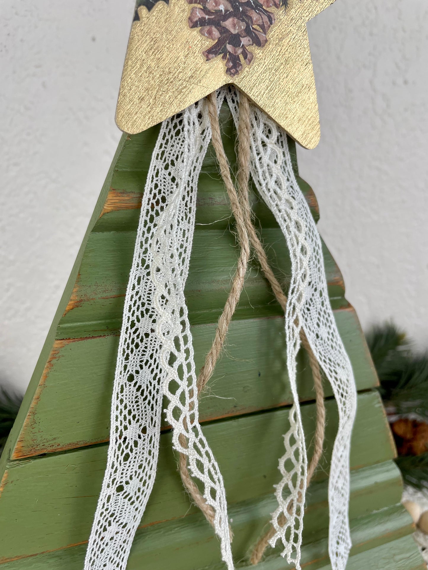 Upcycled Vintage Trim Olive Green Large Christmas Tree with Metallic Star