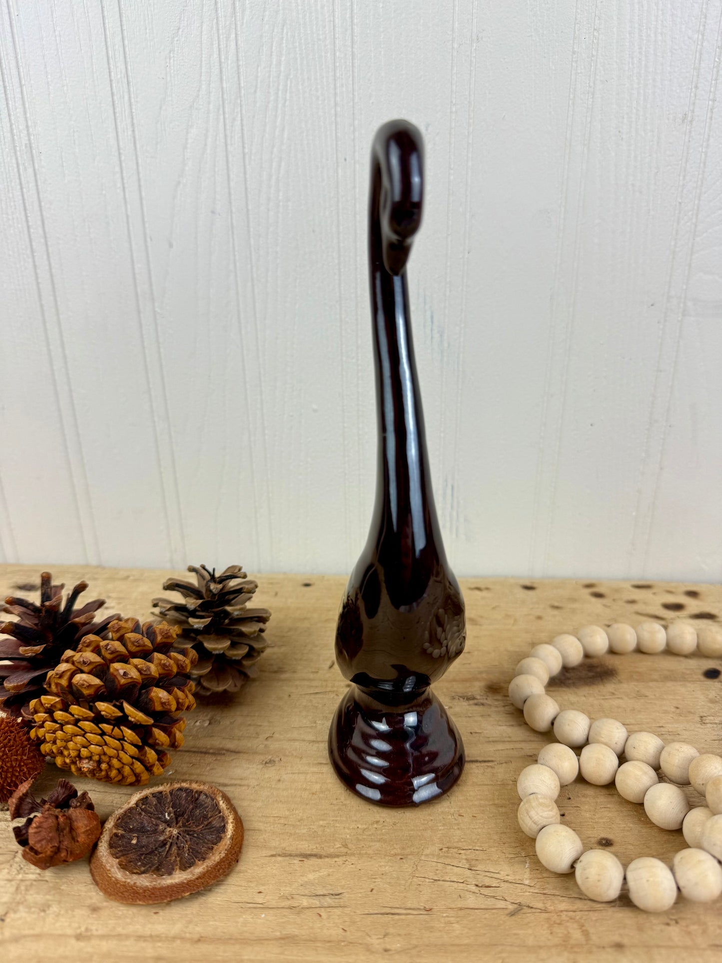 Vintage Enesco Redware Pottery Swan with Drip Glaze