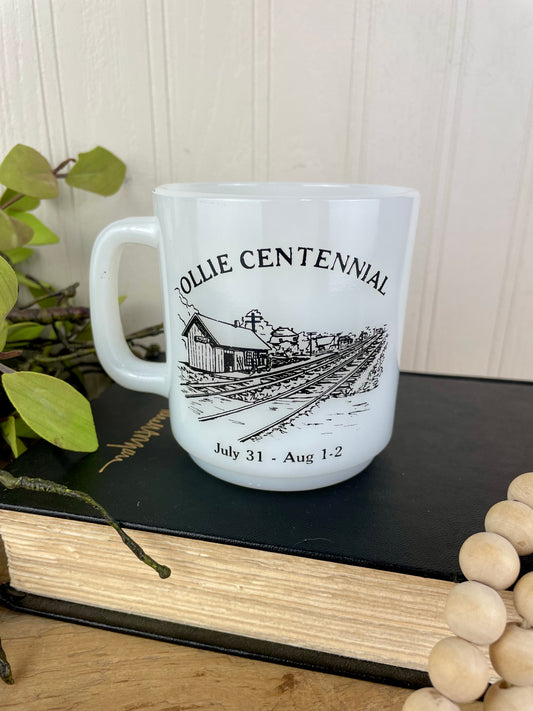 Vintage 1981 Ollie, IA Centennial Glasbake Milk Glass Mug