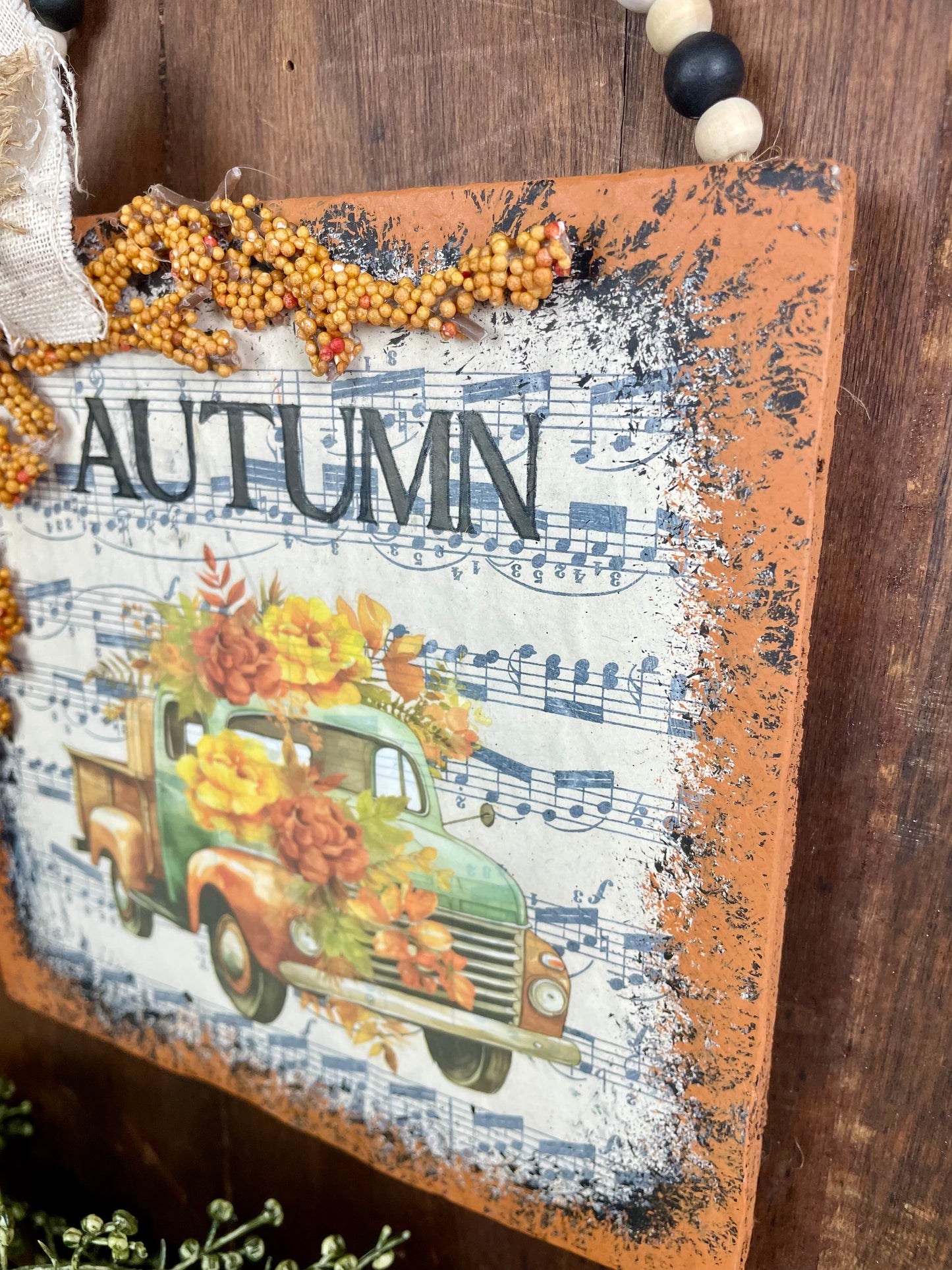 Handmade Upcycled Autumn Sign with Beaded Hanger