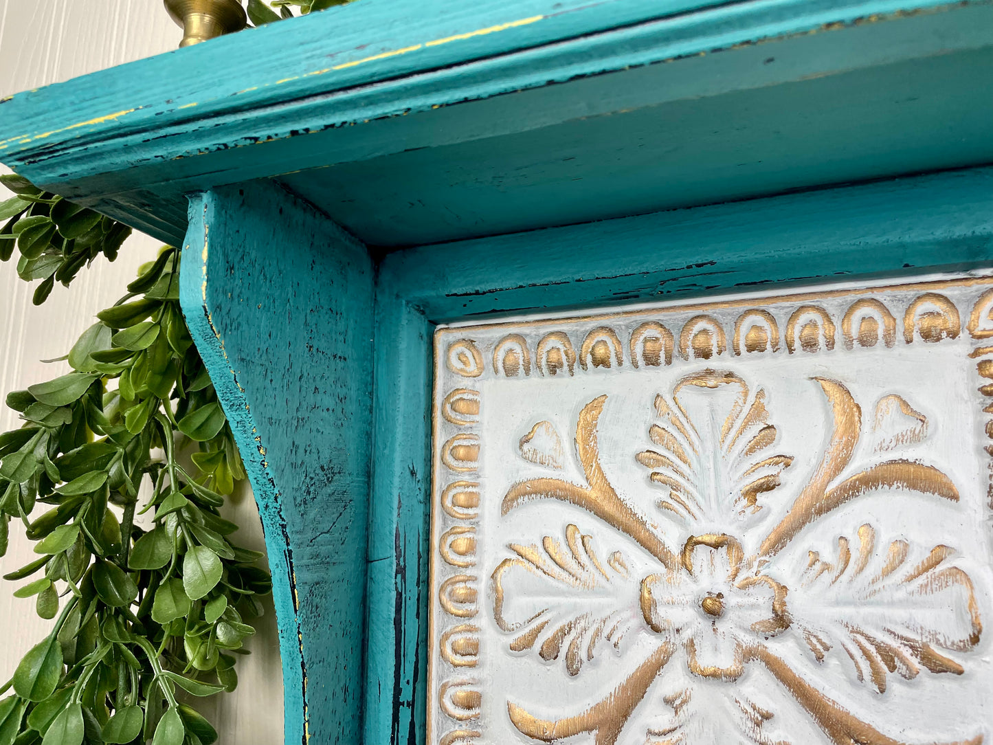 Upcycled Teal Painted Shelf with Hooks