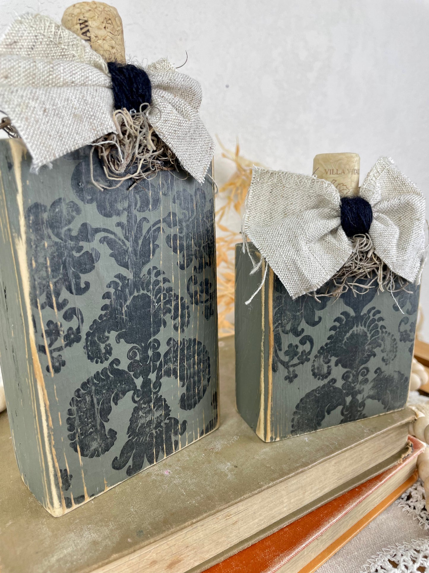 Handmade Reclaimed Wood Small Green and Black Pumpkin Set