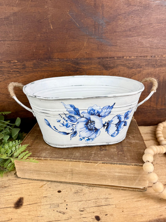 Upcycled Metal Container with Blue Florals