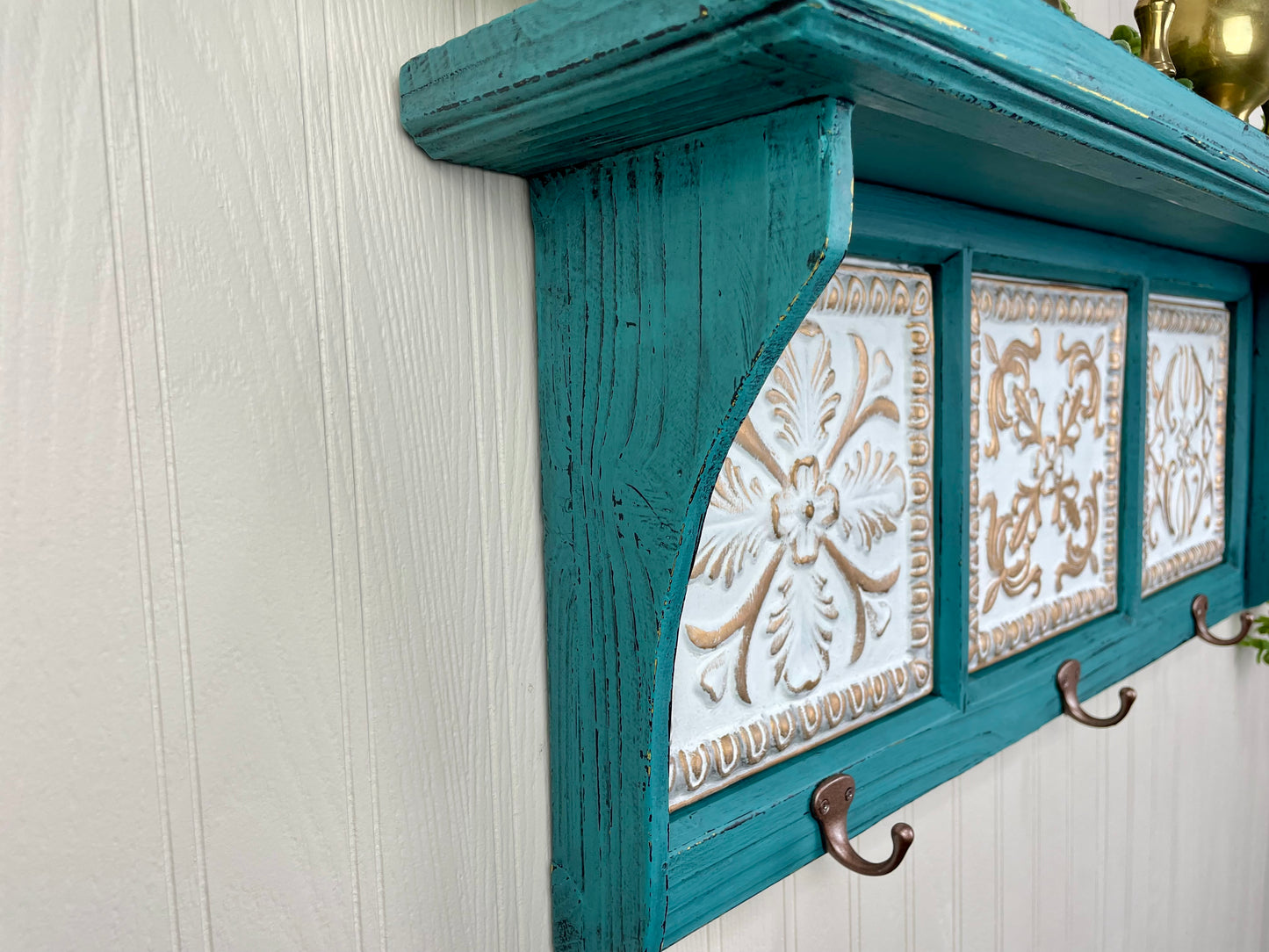 Upcycled Teal Painted Shelf with Hooks