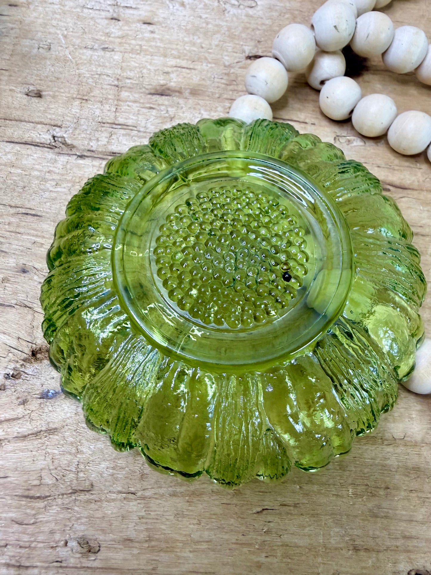 Vintage Indiana Glass Co. Avocado Green Sunflower Dip Bowl