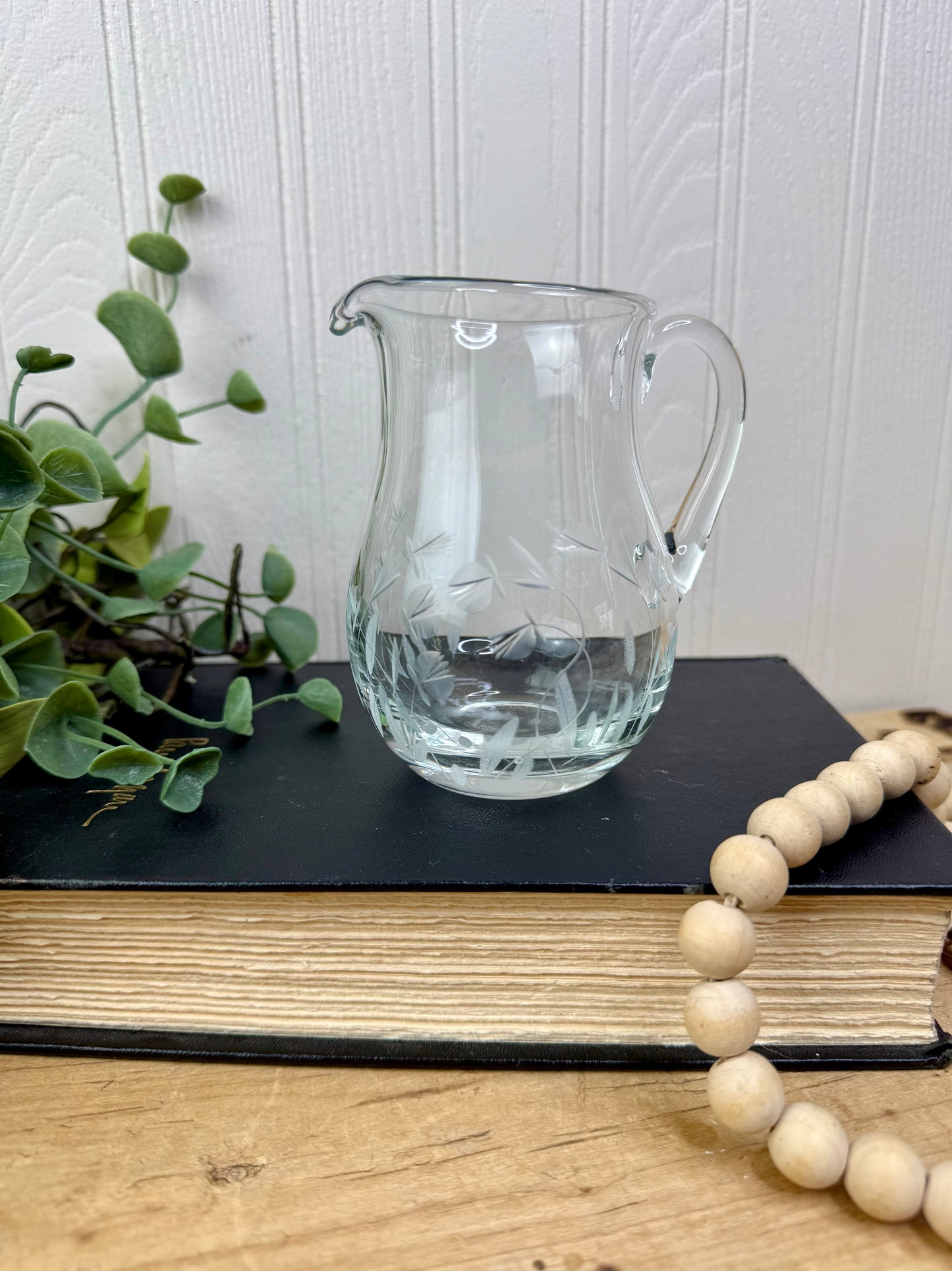 Vintage Crystal Glass Creamer with Etched Florals