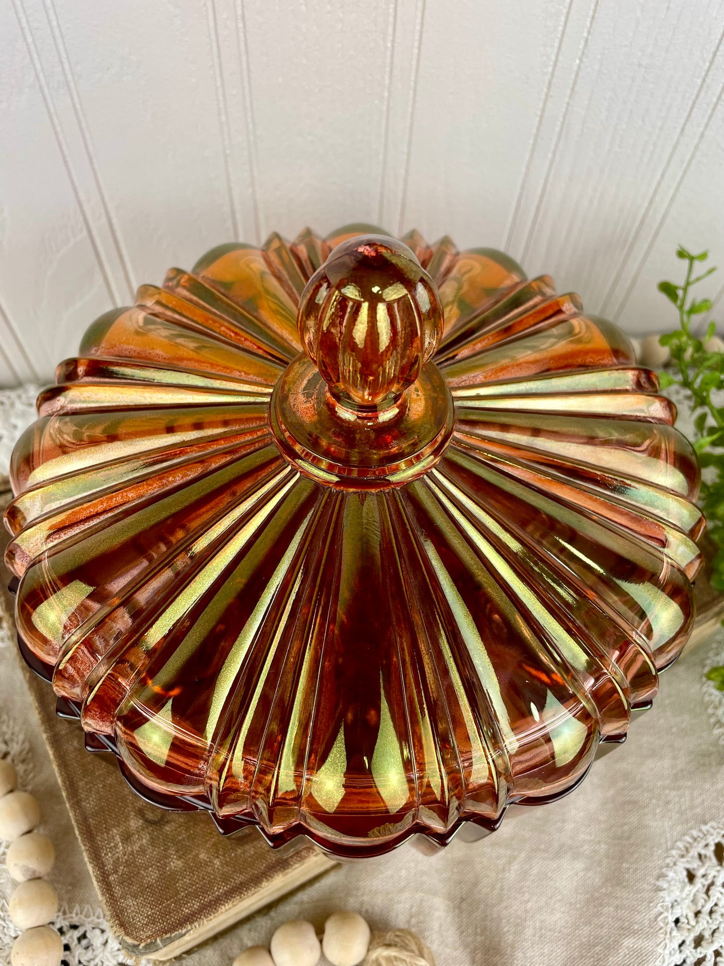 Vintage Marigold Carnival Glass Candy Dish with Lid