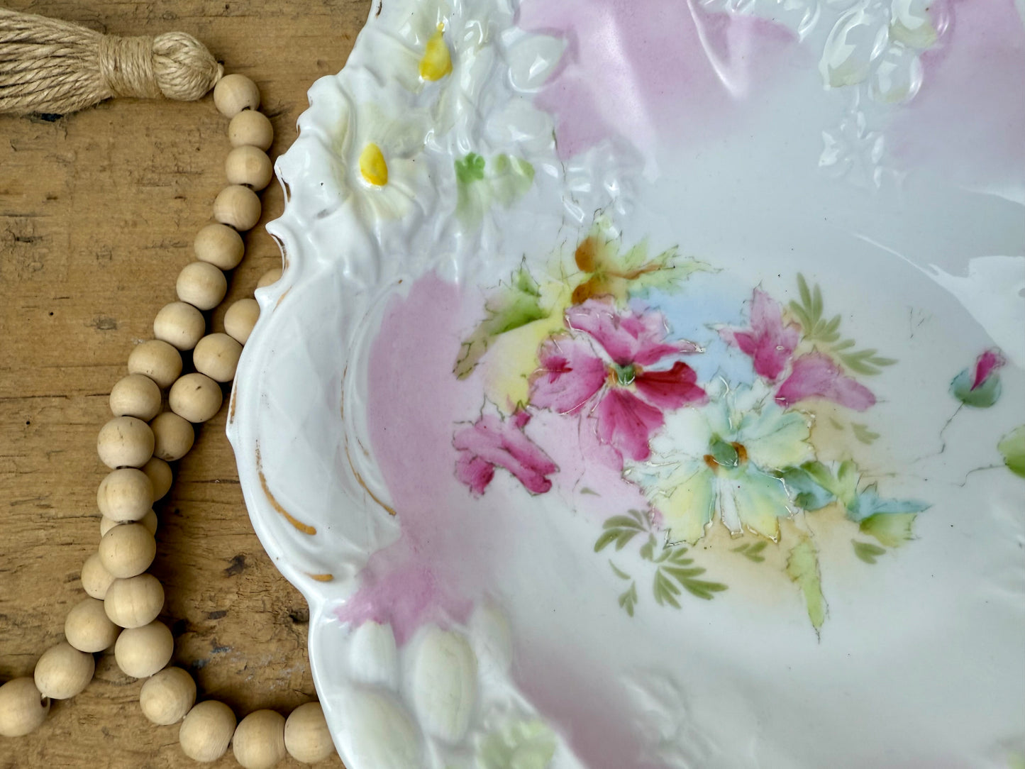 Antique Porcelain Serving Bowl with Hand Painted Florals