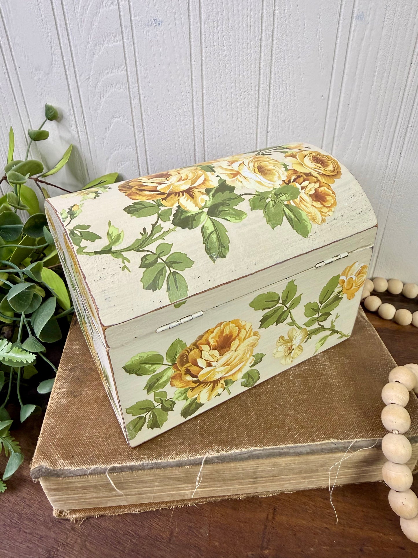 Upcycled Beige Rustic Trinket Box with Yellow Roses