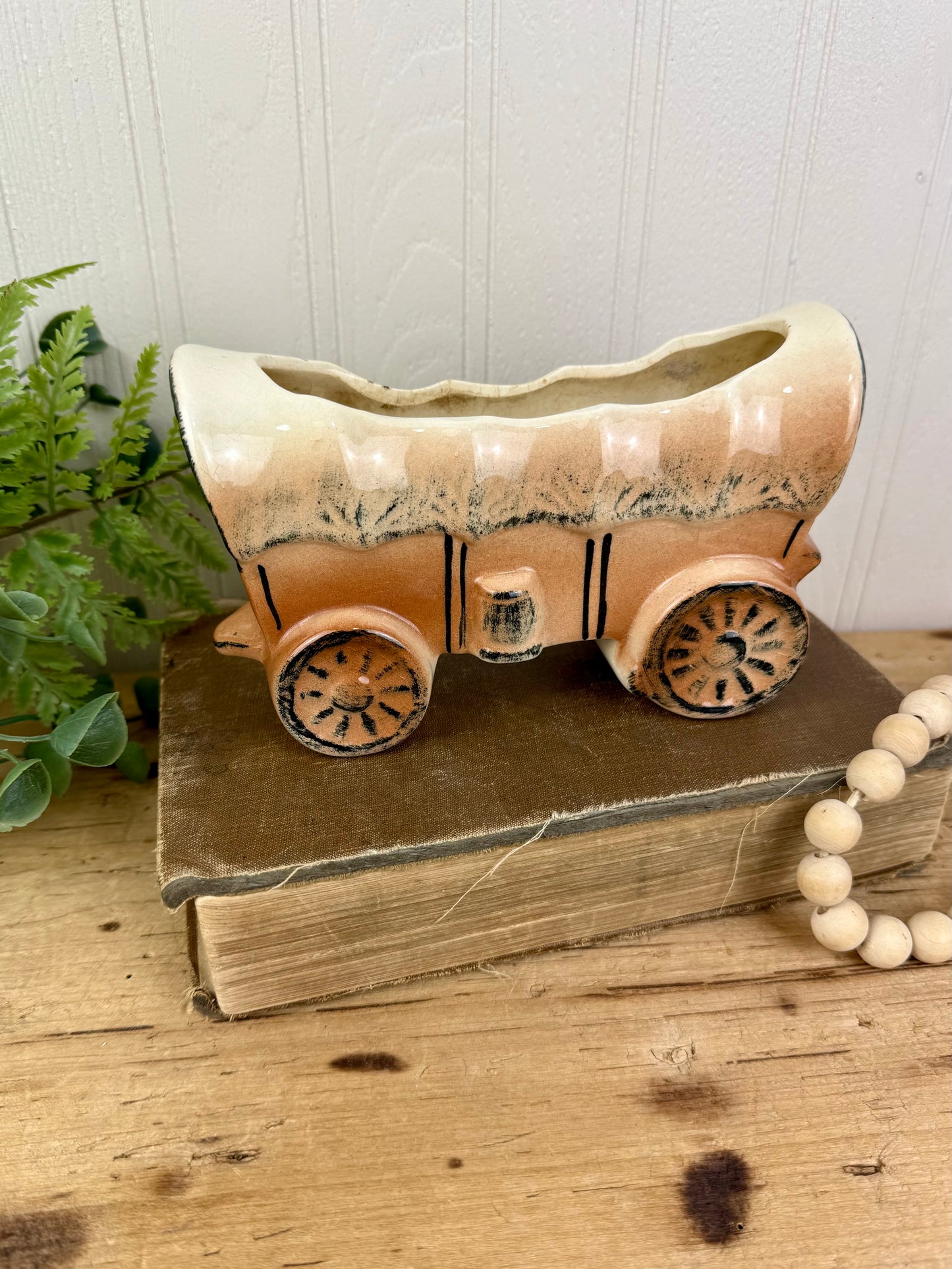 Vintage Ceramic Covered Wagon Planter